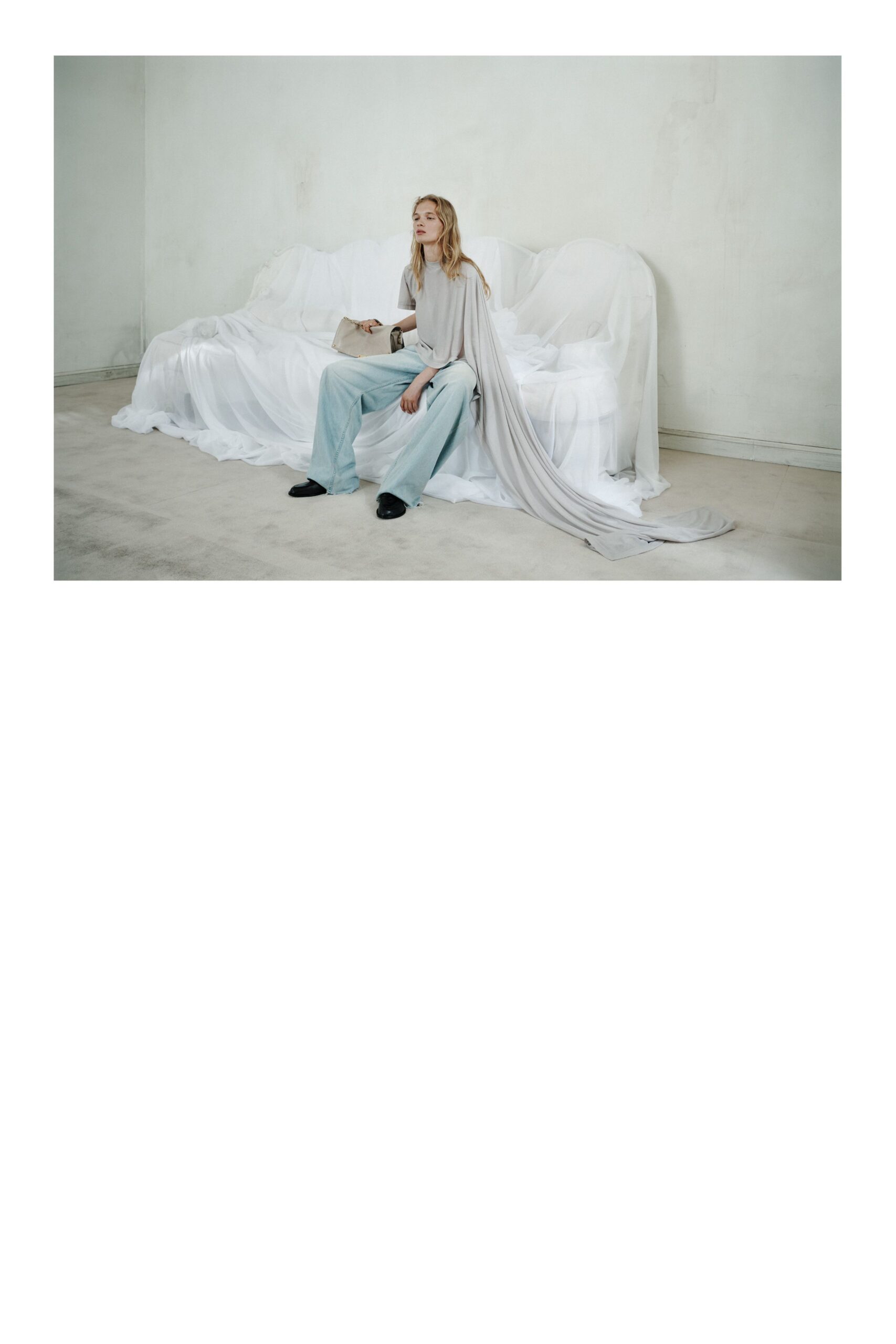 white silk long-sleeve v-neck relaxed draped flowing top