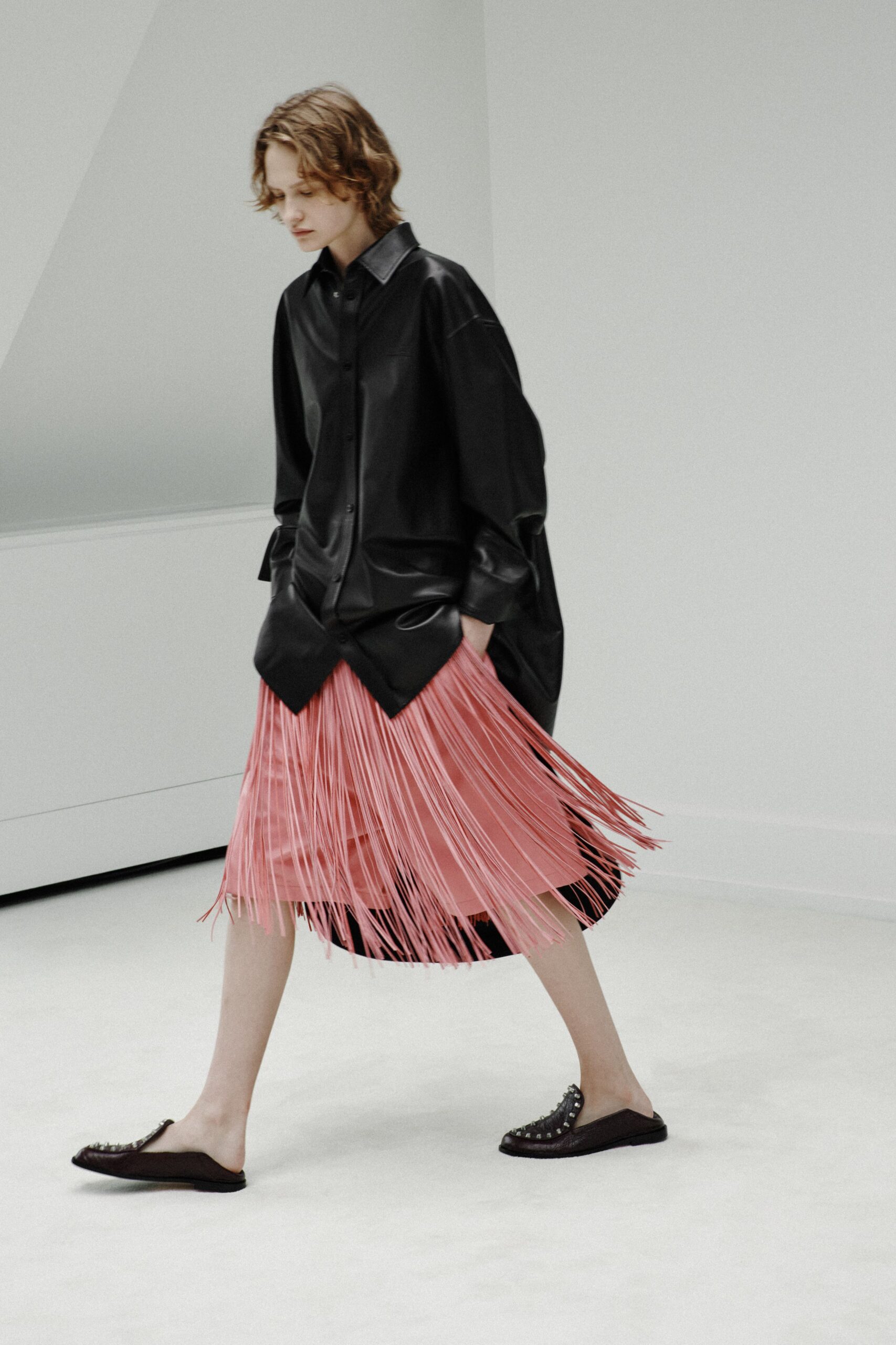 black leather long-sleeve collared oversized buttoned shirt