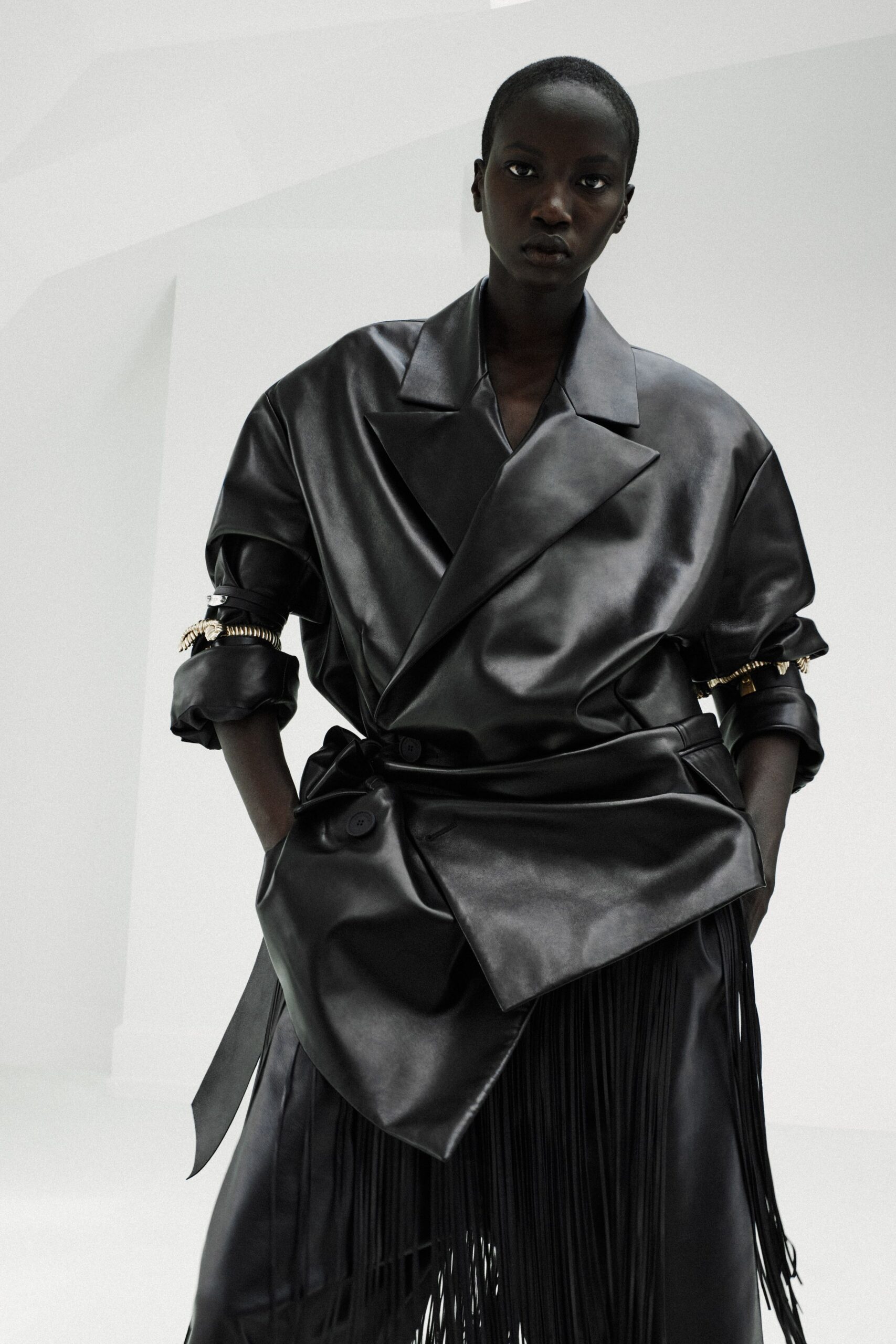 black leather long-sleeve collared relaxed fringed jacket