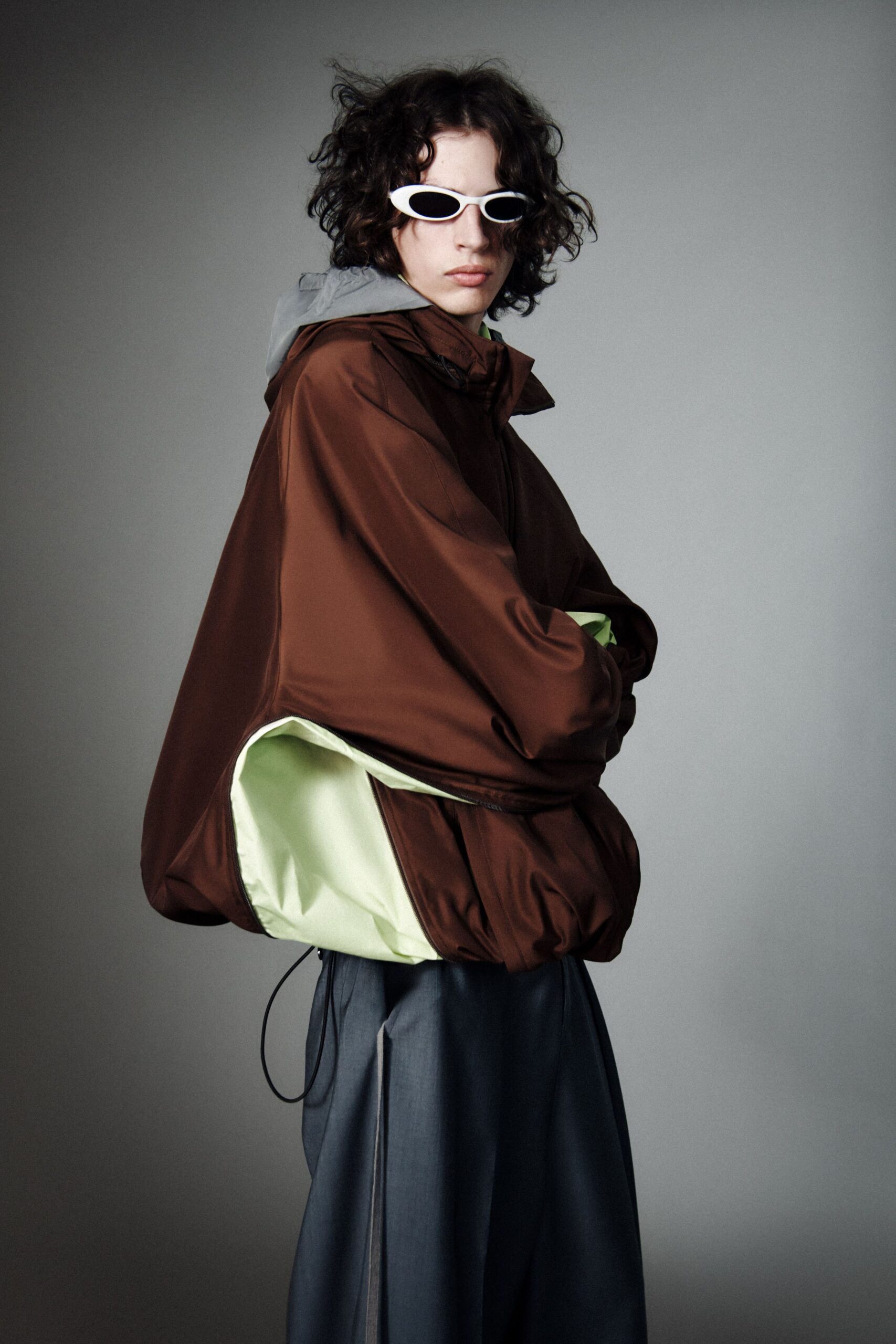 brown vinyl hooded oversized zippered jacket
