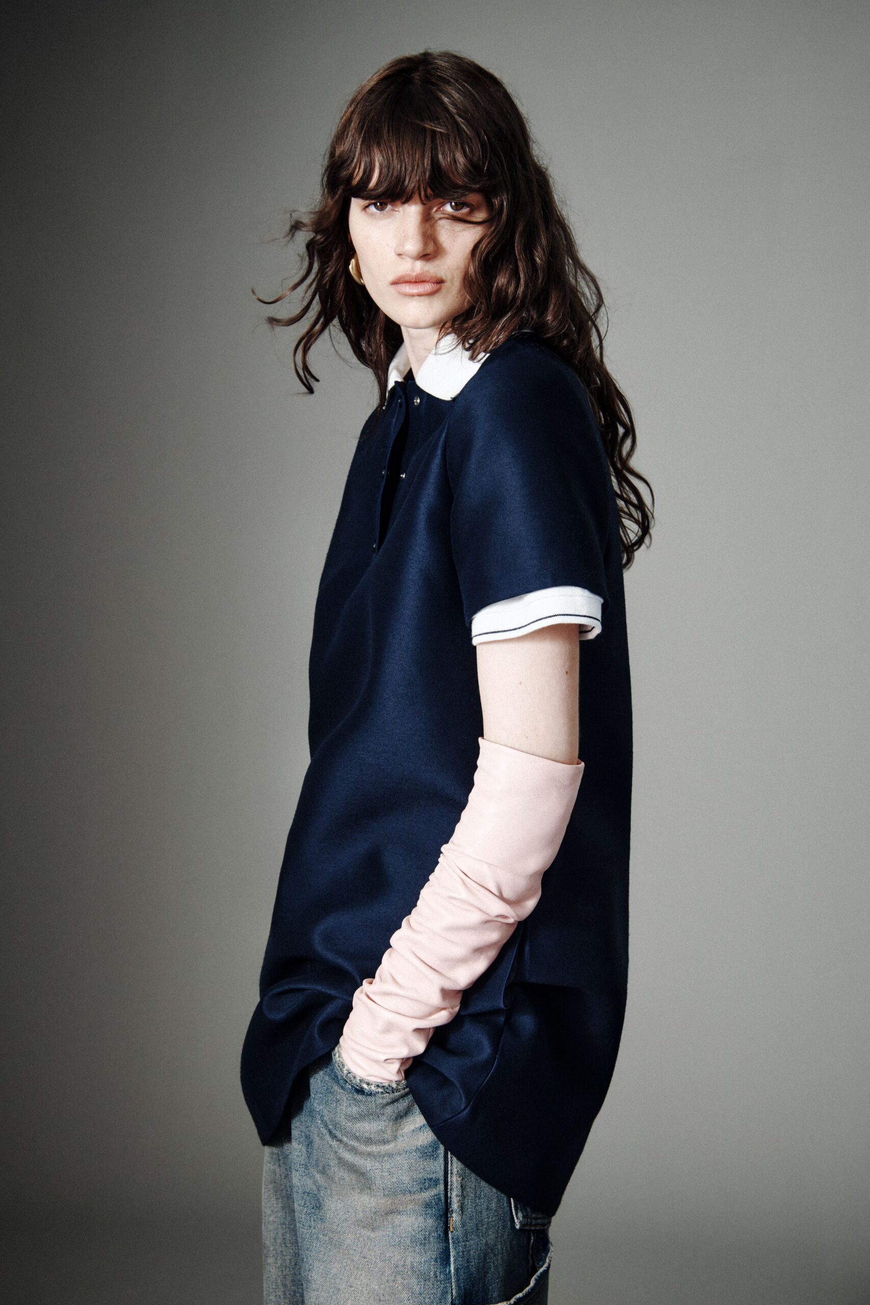 blue cotton short-sleeve collared relaxed top