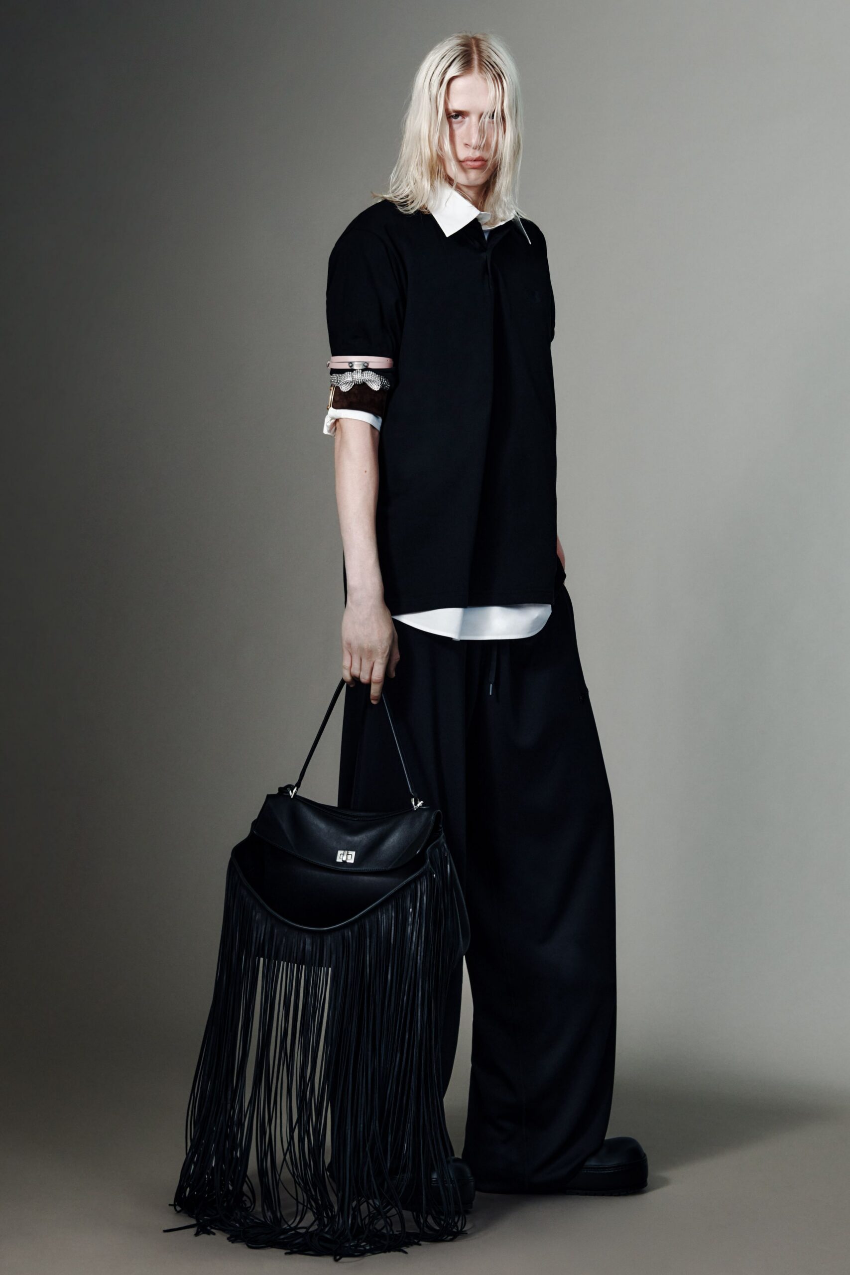 black cotton short-sleeve collared relaxed layered top
