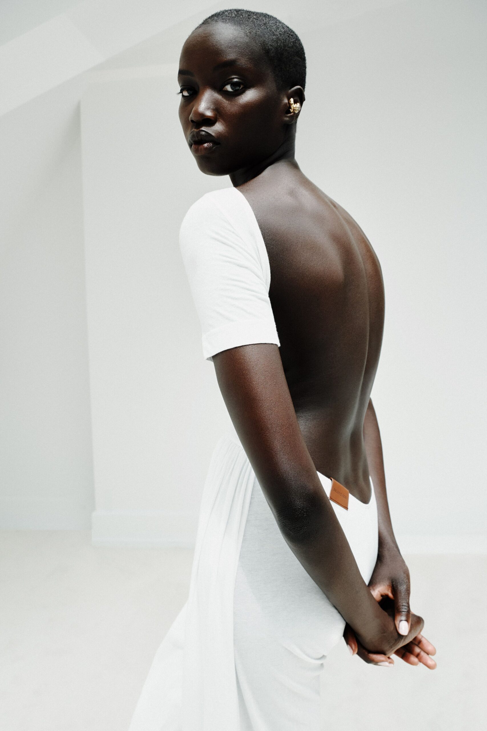 fitted white backless dress