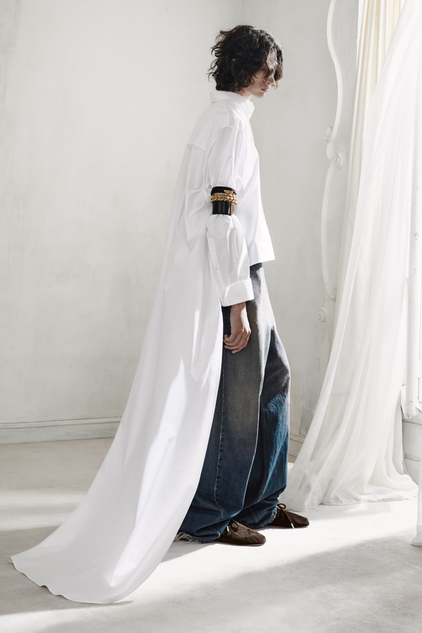 white cotton long-sleeve collared relaxed layered shirt