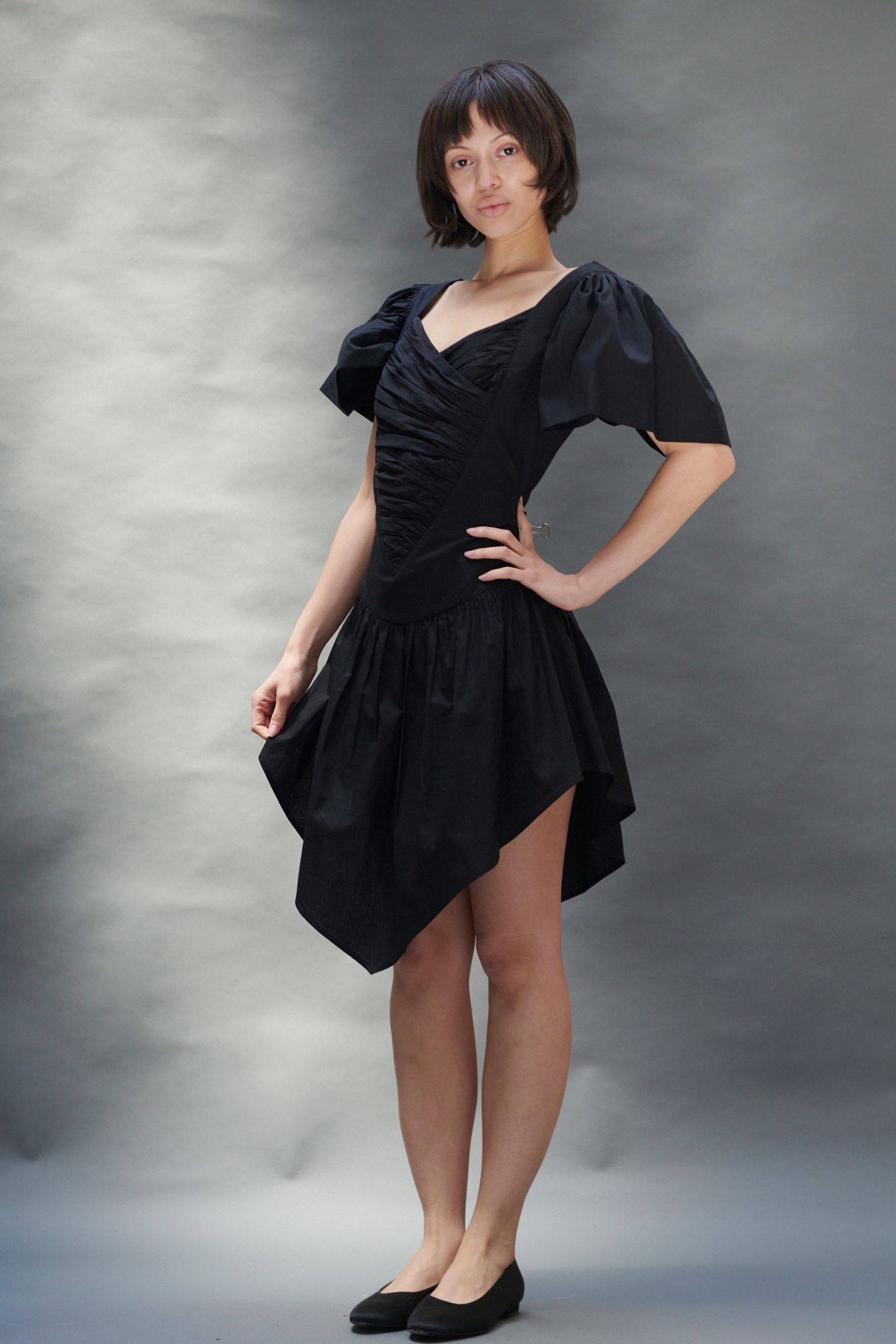 black cotton short-sleeve v-neck fitted ruched mini dress