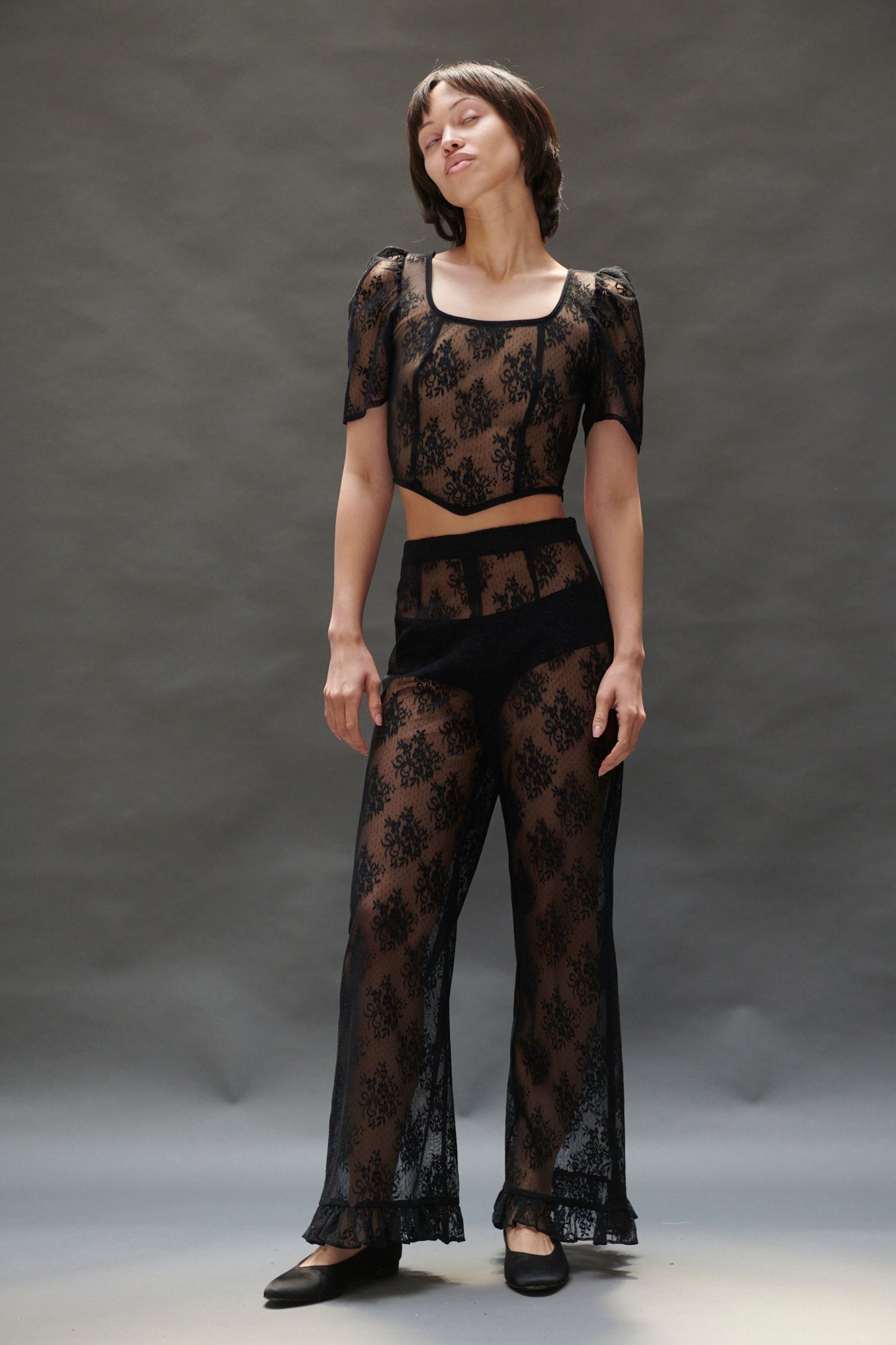 black lace long-sleeve fitted flared sheer pants