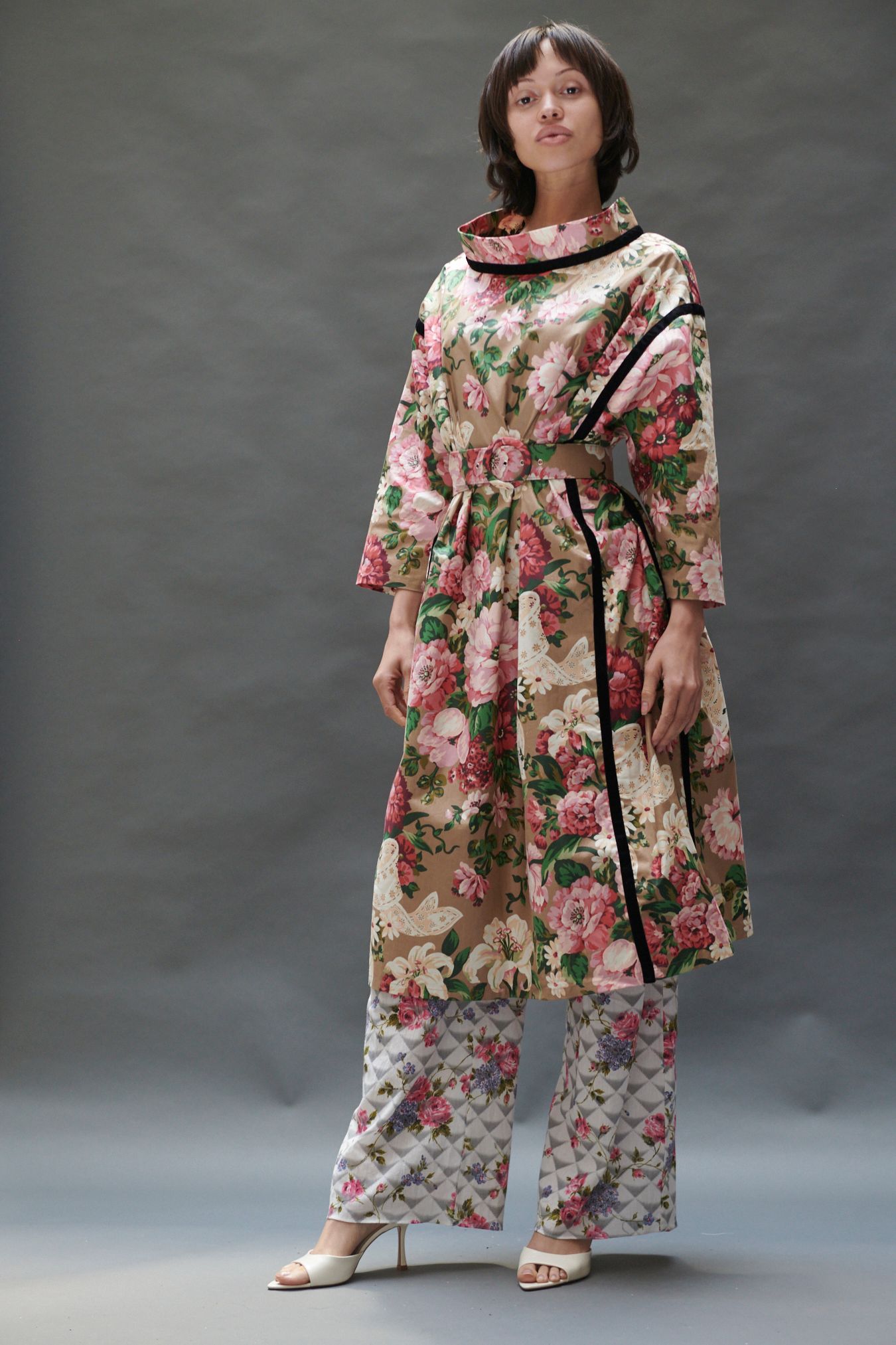 beige silk long-sleeve collared relaxed floral belted dress