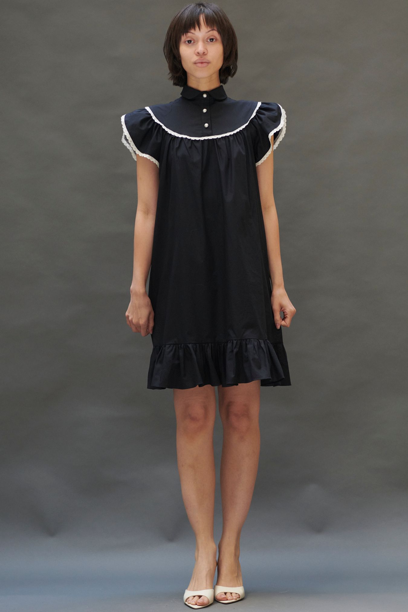 black cotton short-sleeve collared relaxed ruffled pleated dress