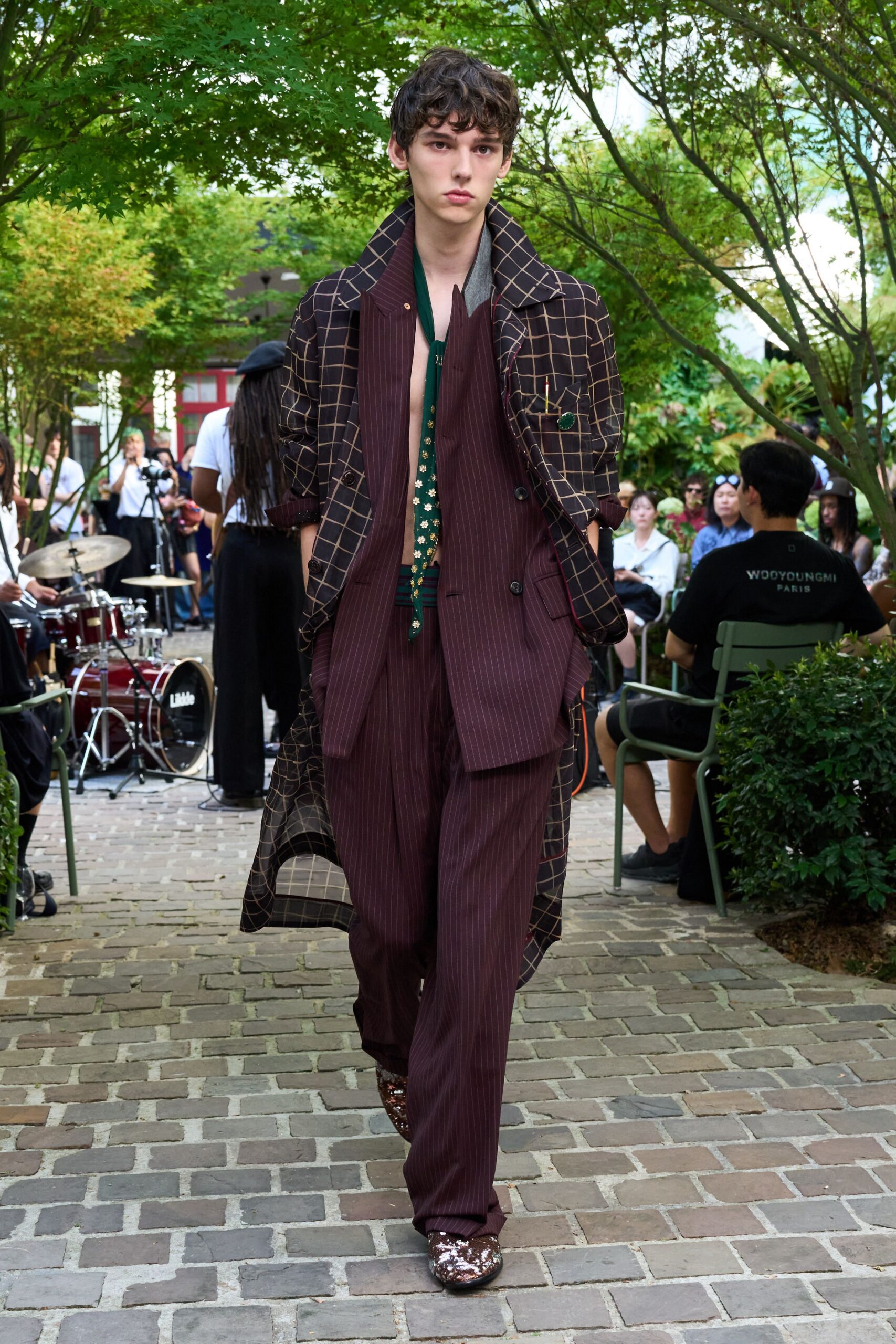 brown cotton long-sleeve collared relaxed checked coat
