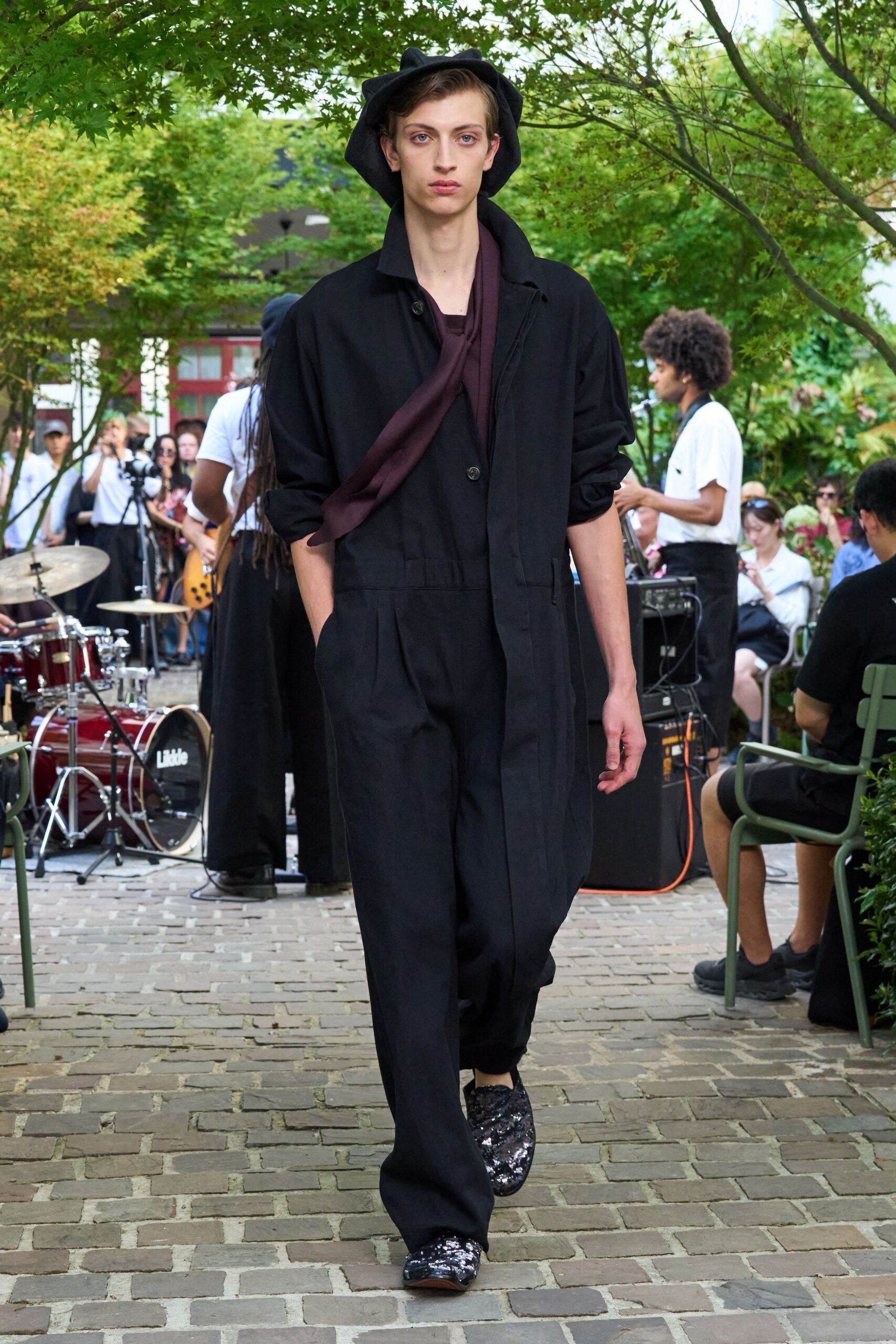 black relaxed jumpsuit with hat