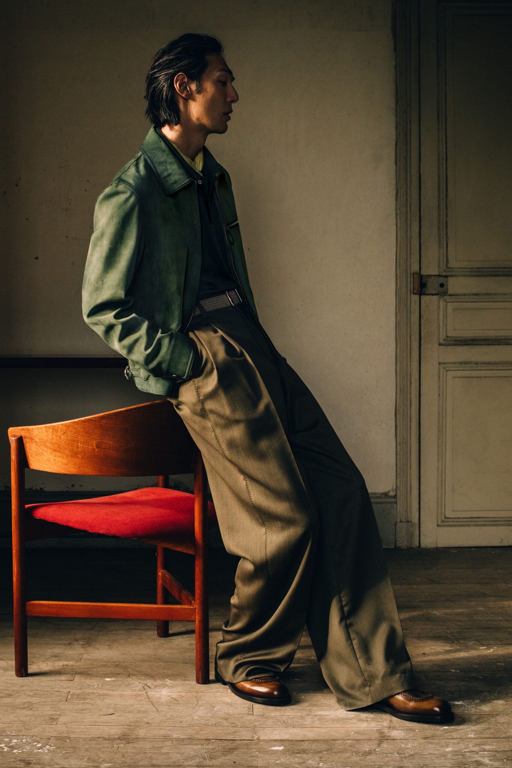 green leather jacket brown pants