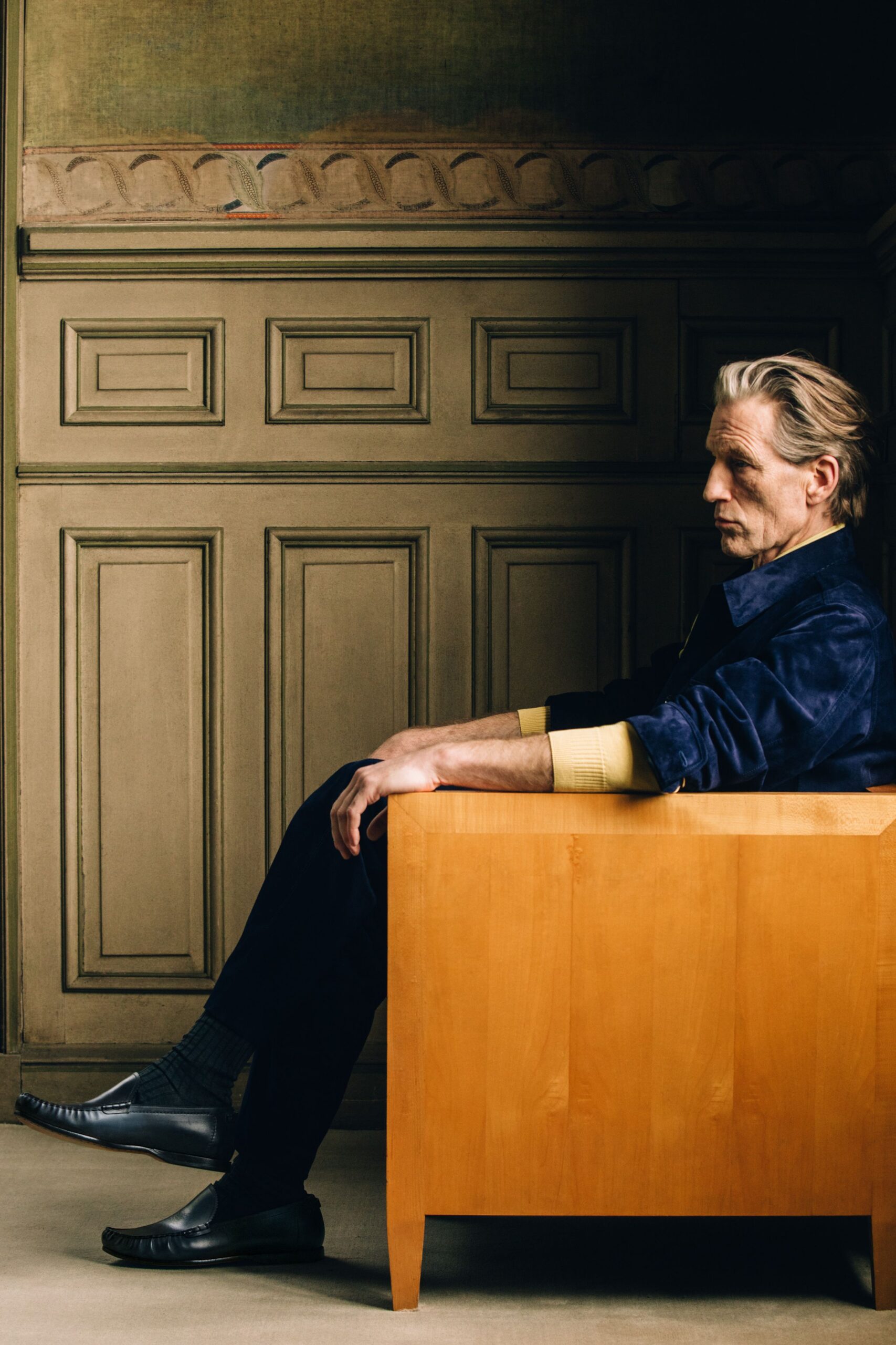 blue velvet jacket with yellow shirt