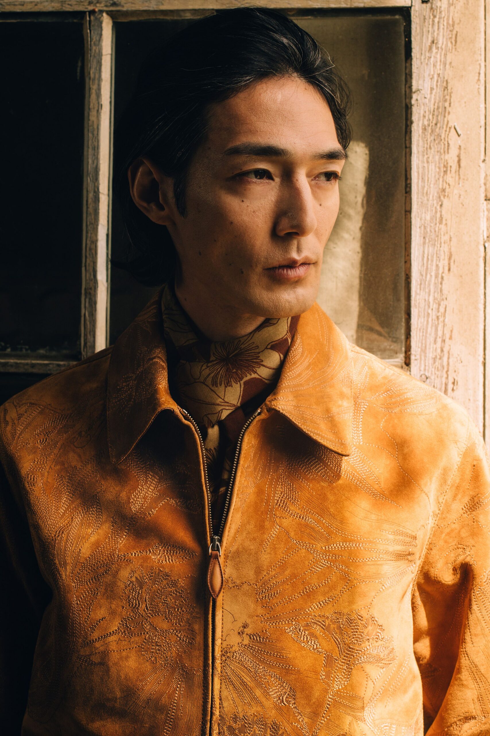 orange leather long-sleeve collared fitted embroidered jacket