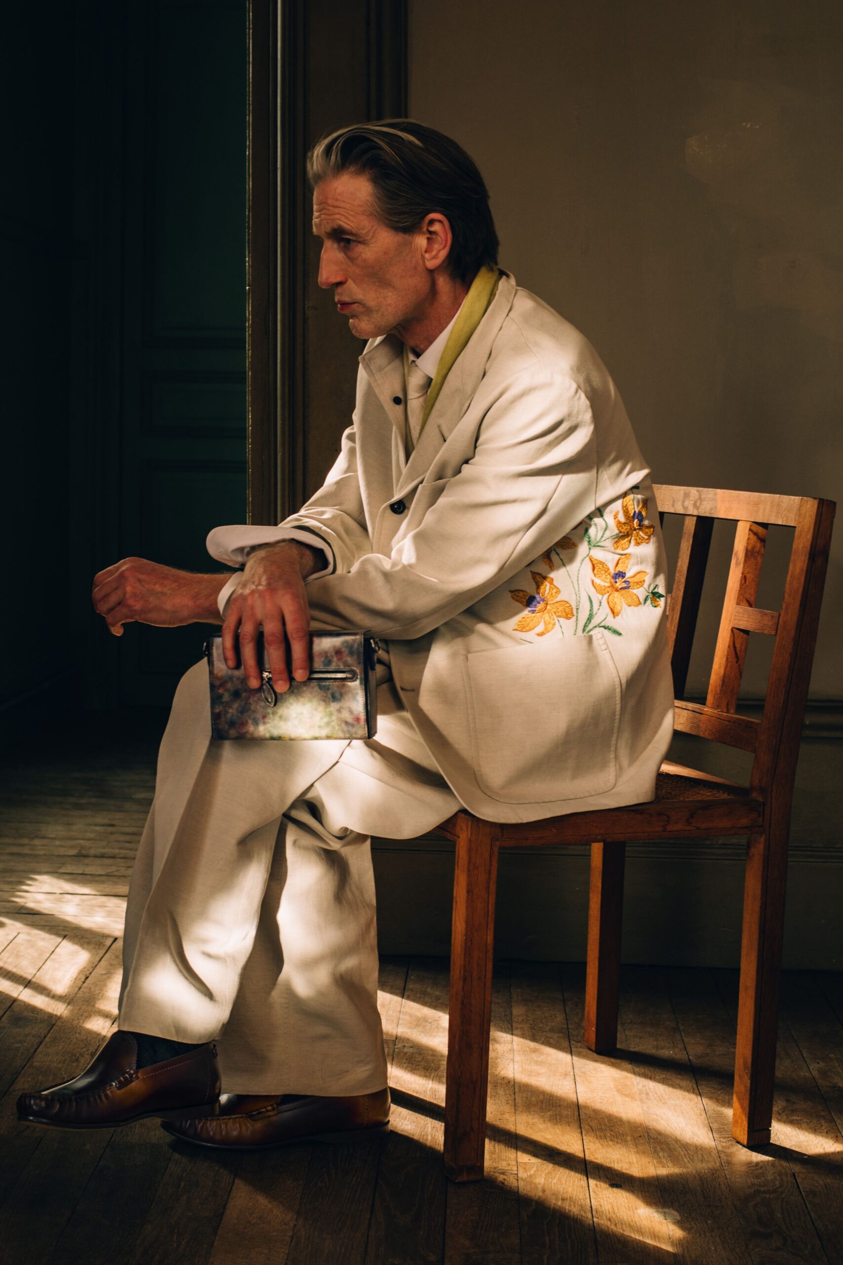 beige tailored suit with embroidered detail