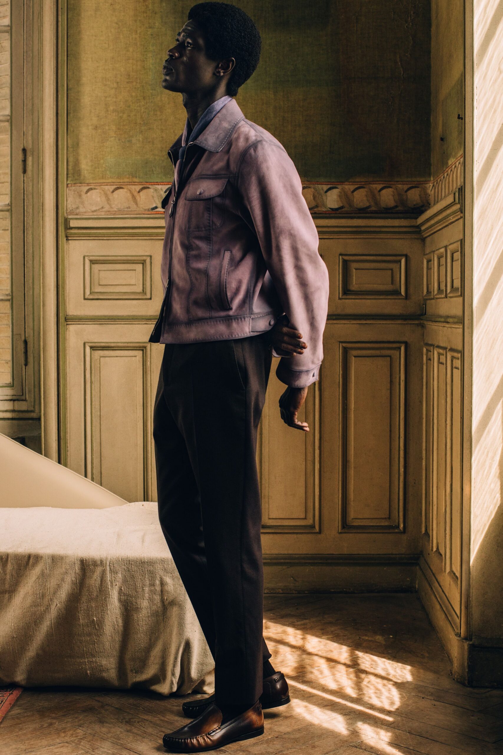 purple leather jacket with tailored pants