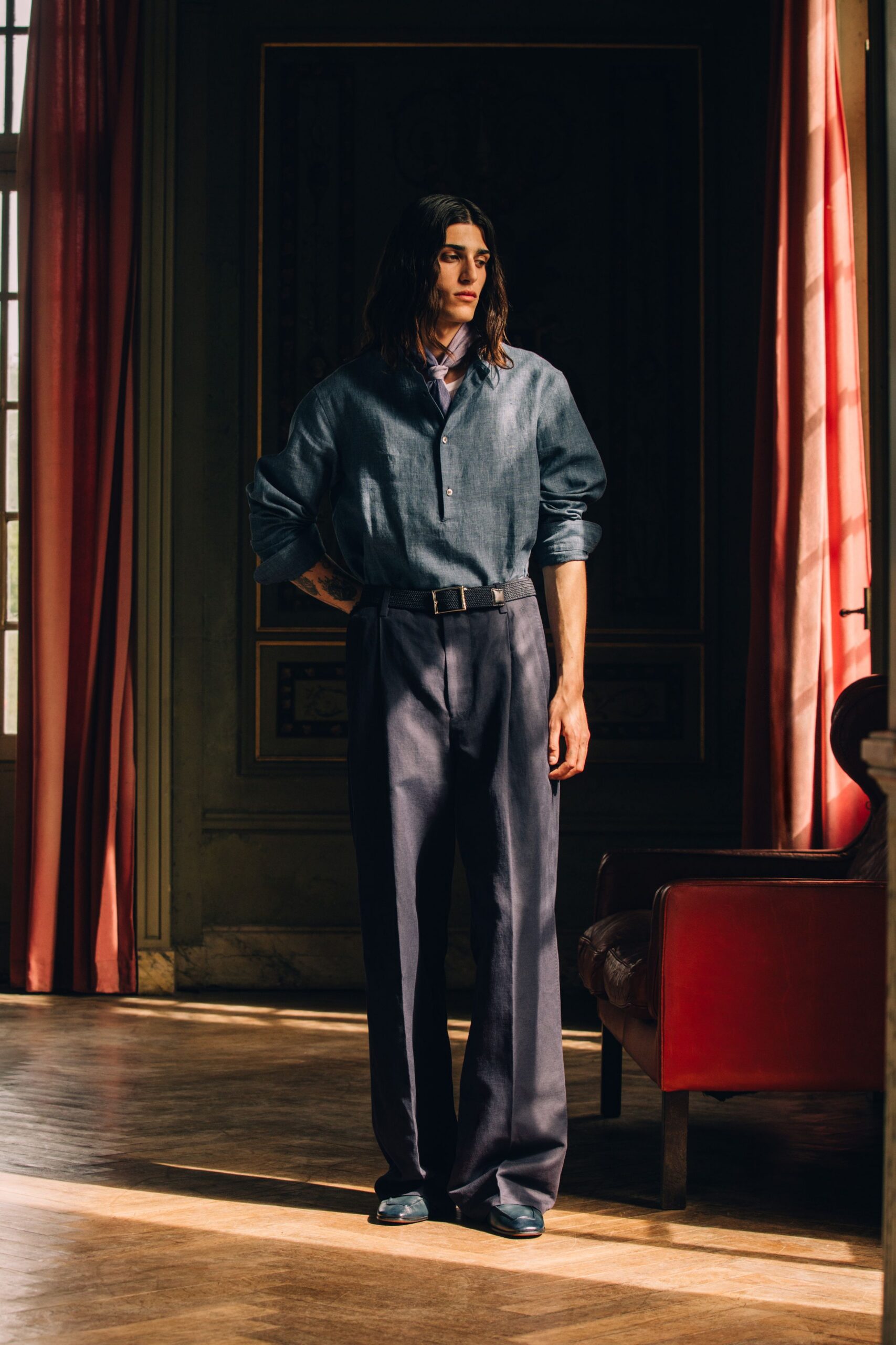 blue cotton shirt black tailored pants