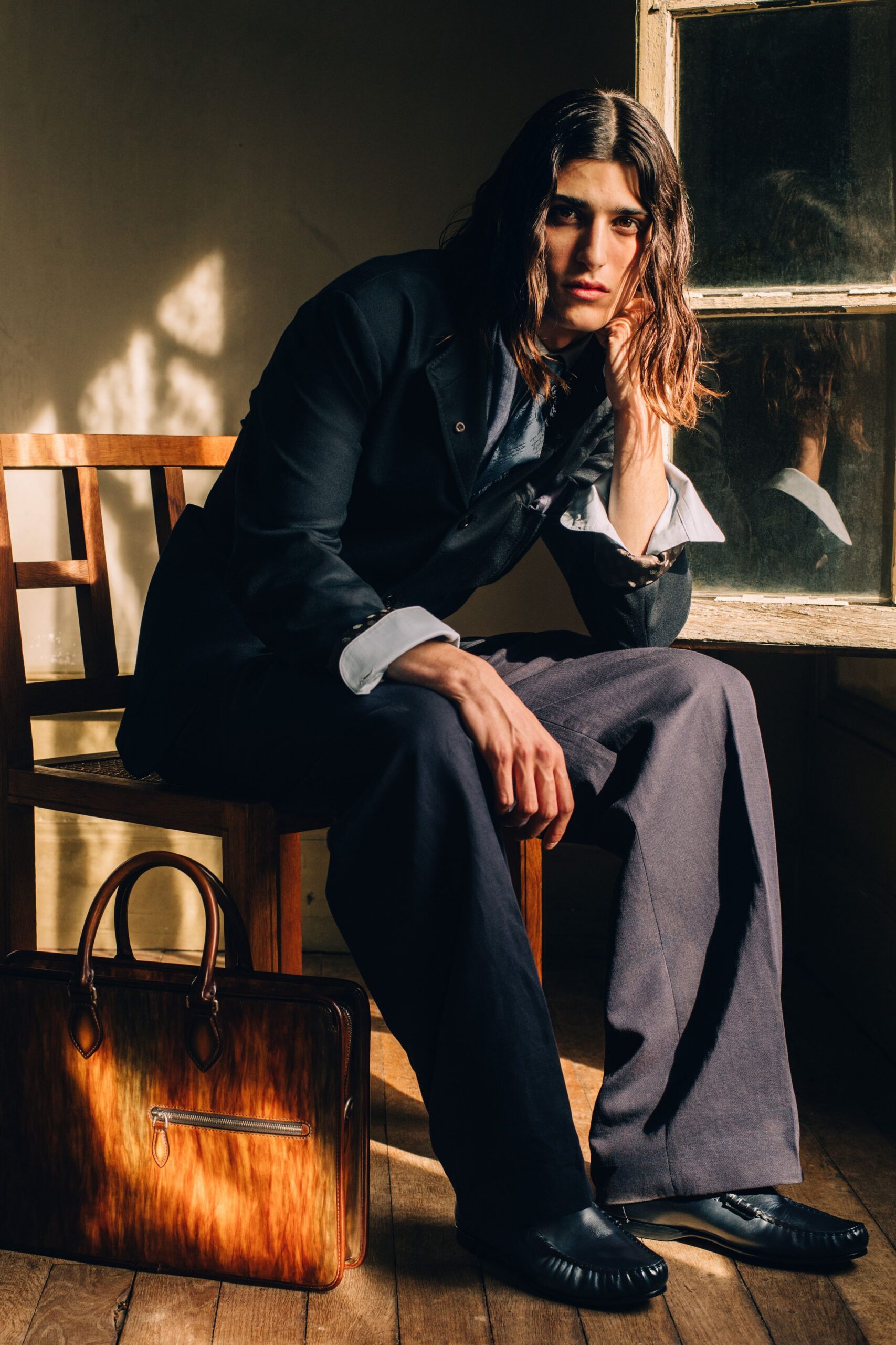 black blazer blue shirt relaxed pants