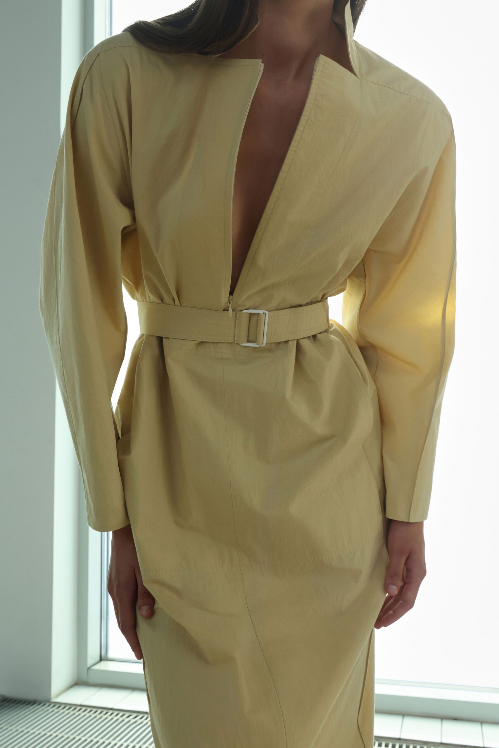 yellow fitted midi dress