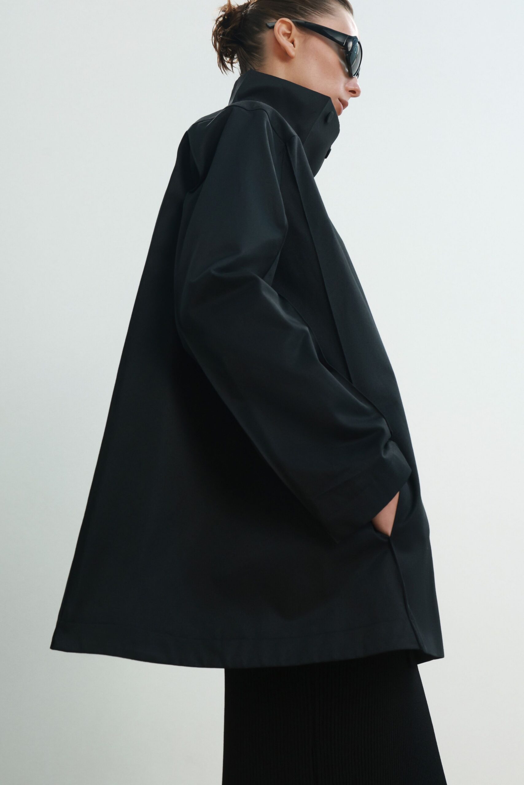 oversized black jacket with fitted pants