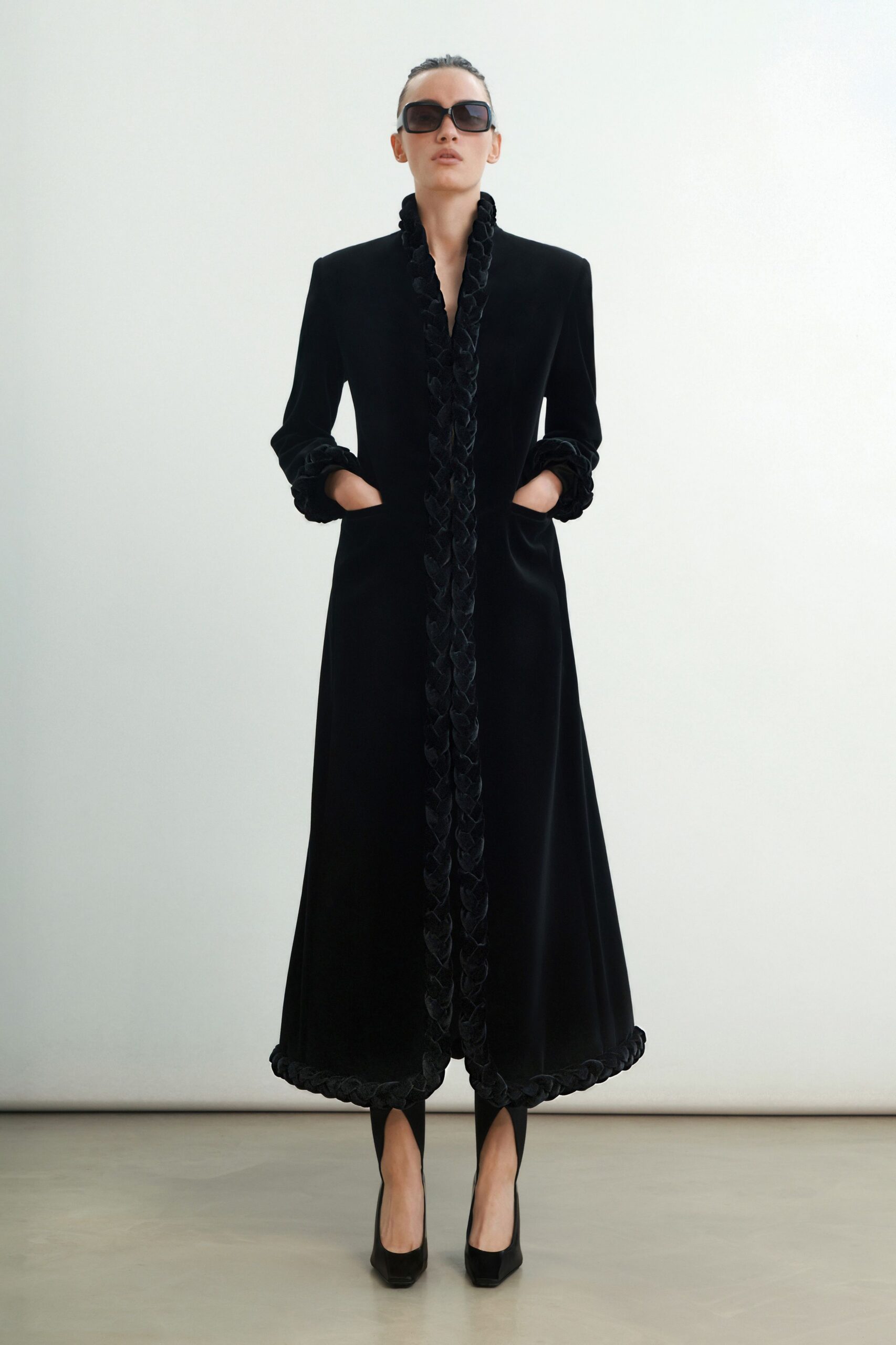 black velvet coat with sunglasses