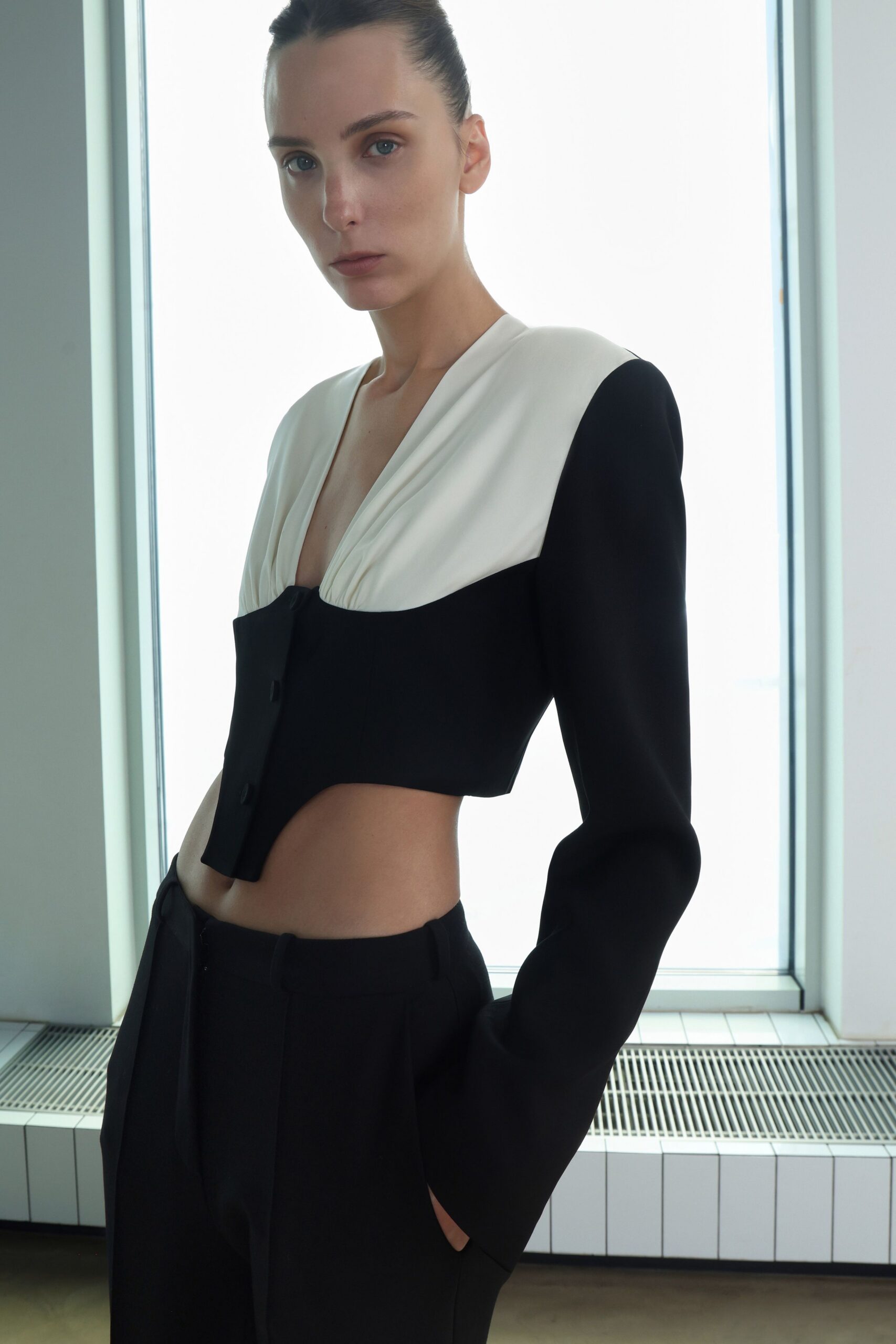 black cotton tailored straight-leg pants