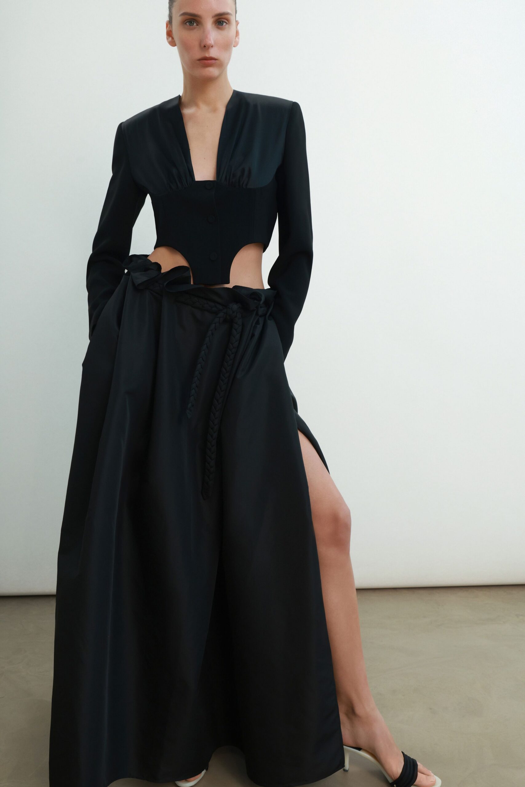 black silk long-sleeve v-neck fitted pleated draped dress