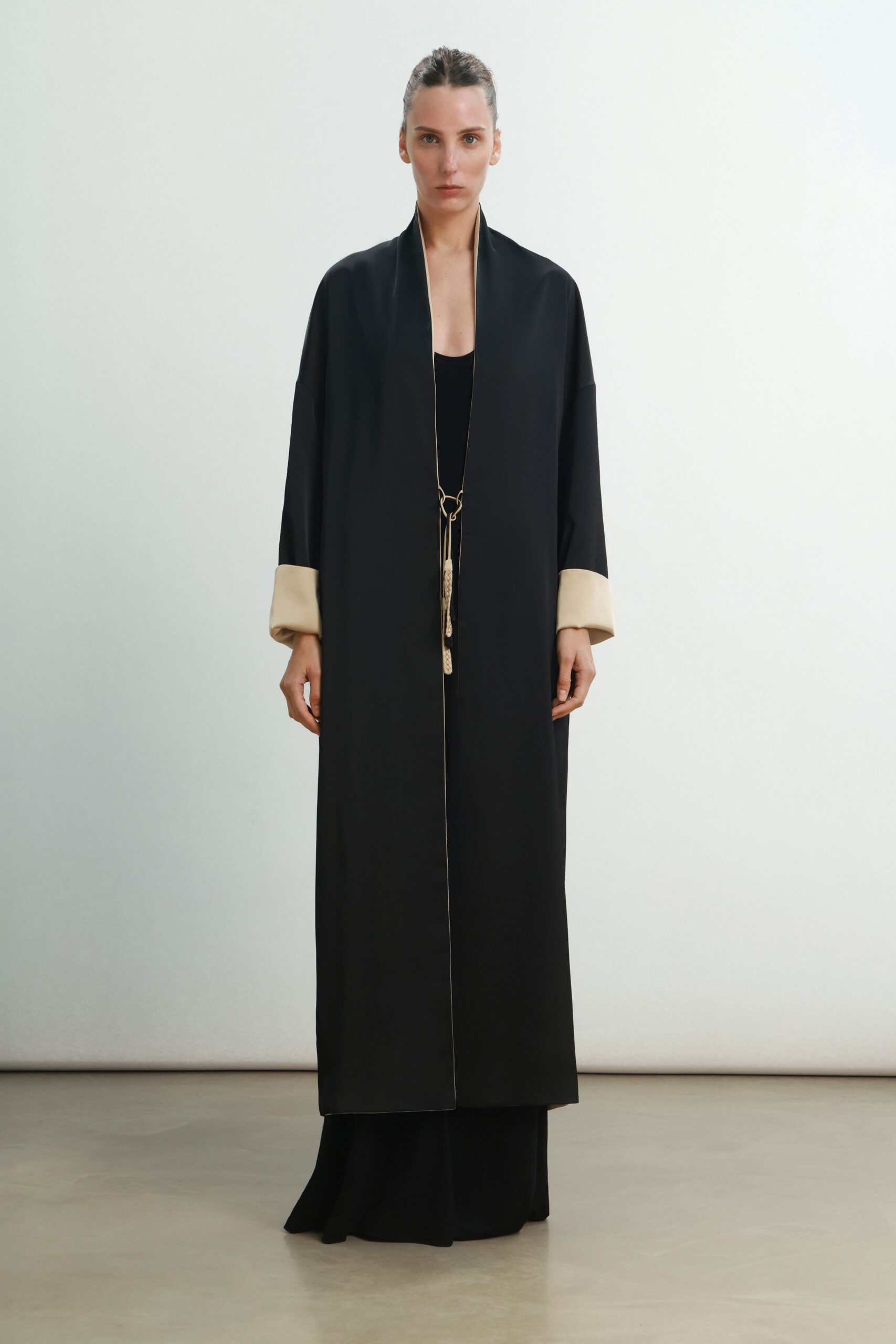 black silk long-sleeve relaxed zippered maxi coat