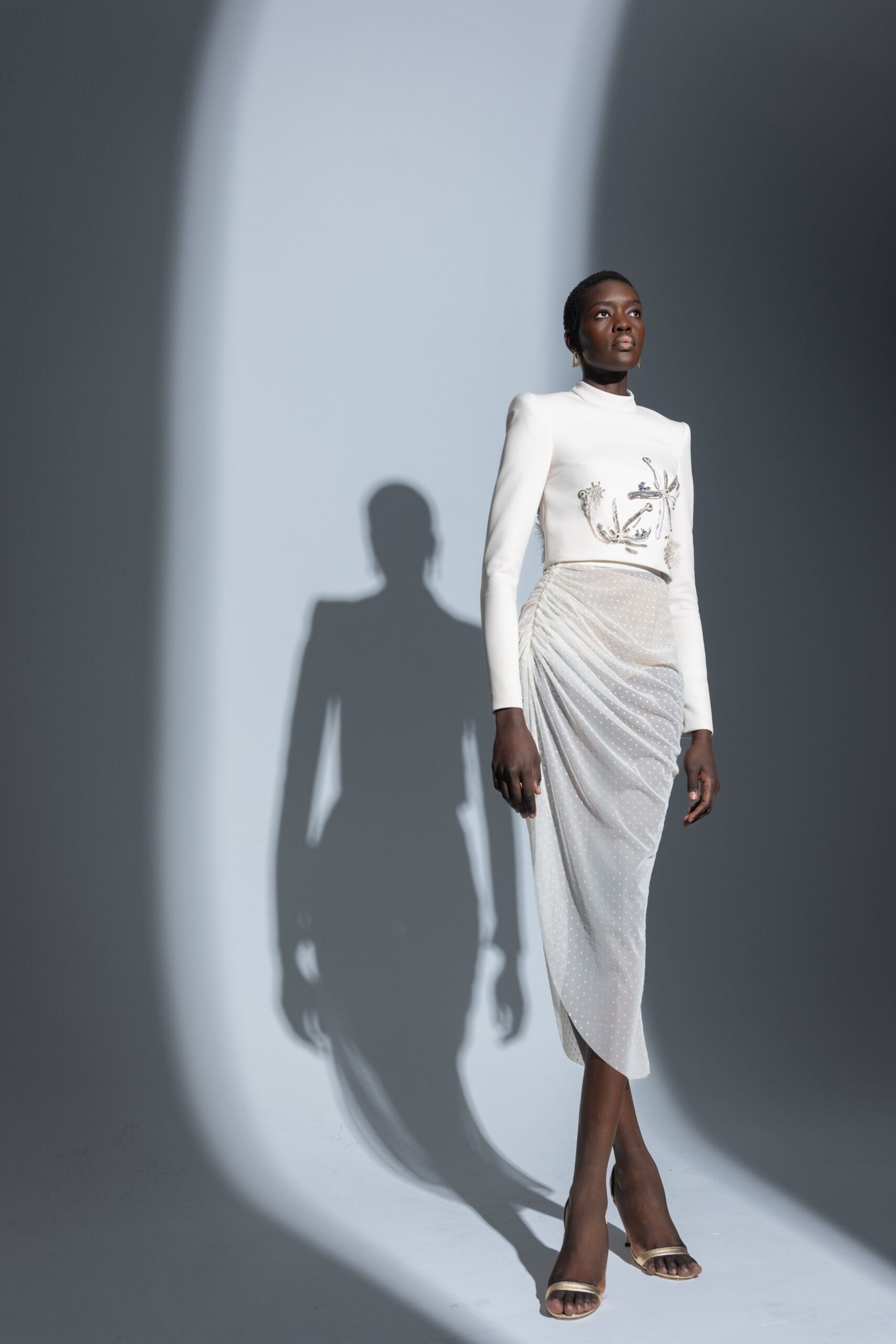 white silk long-sleeve high-neck fitted pleated embroidered dress