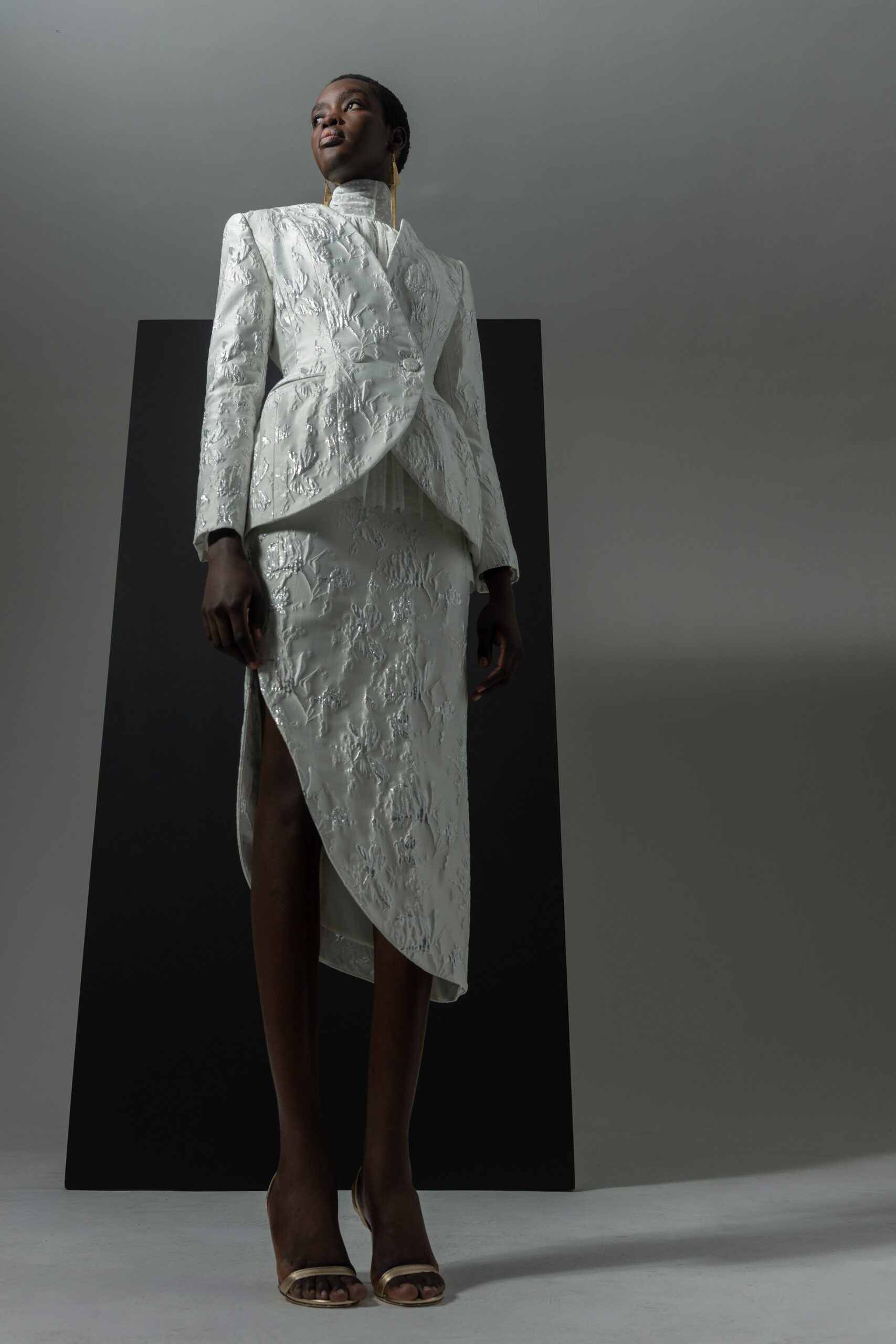 white silk long-sleeve collared structured embroidered blazer