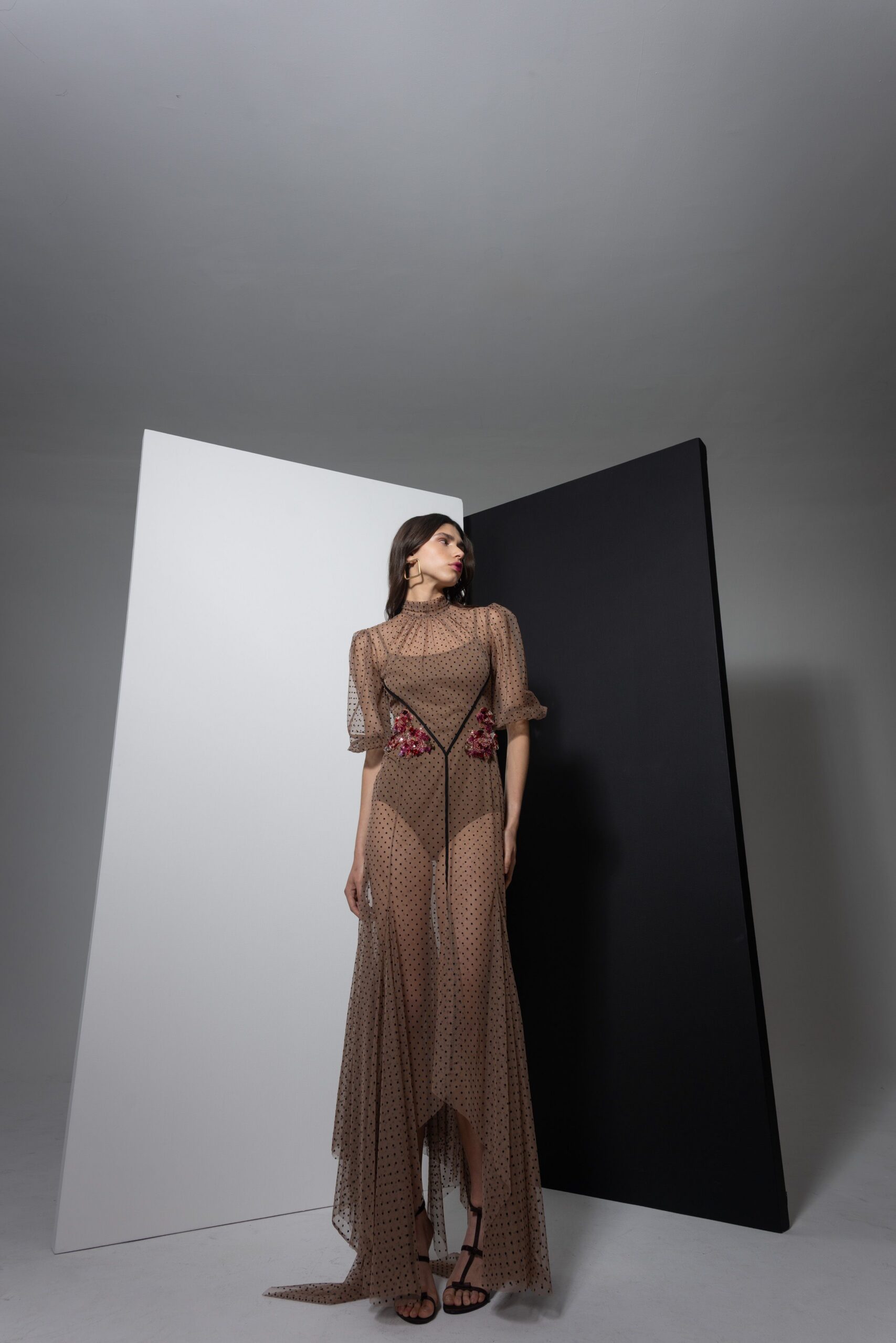 beige mesh long-sleeve high-neck fitted polka-dot draped gown