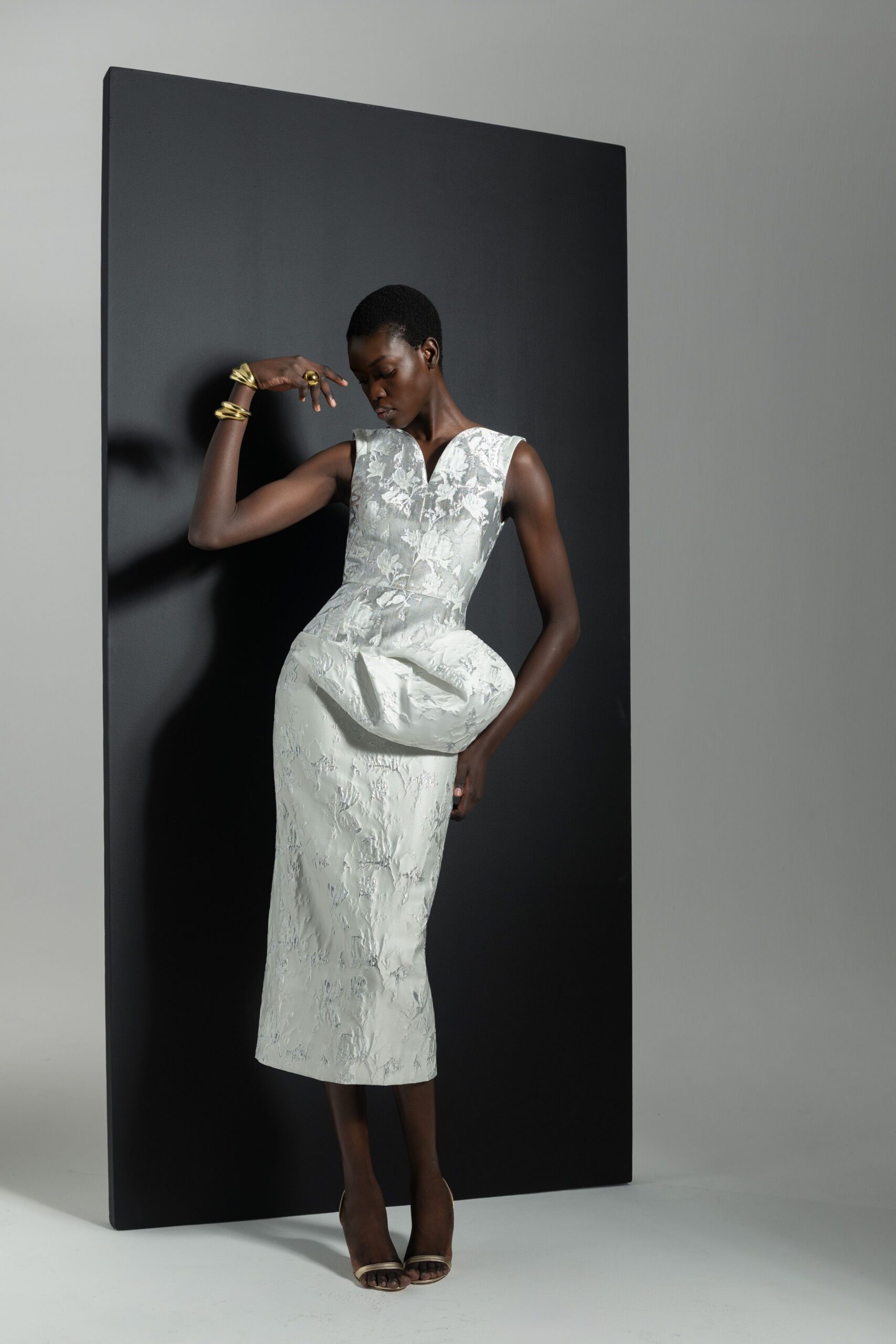 white silk sleeveless v-neck fitted embroidered pencil dress