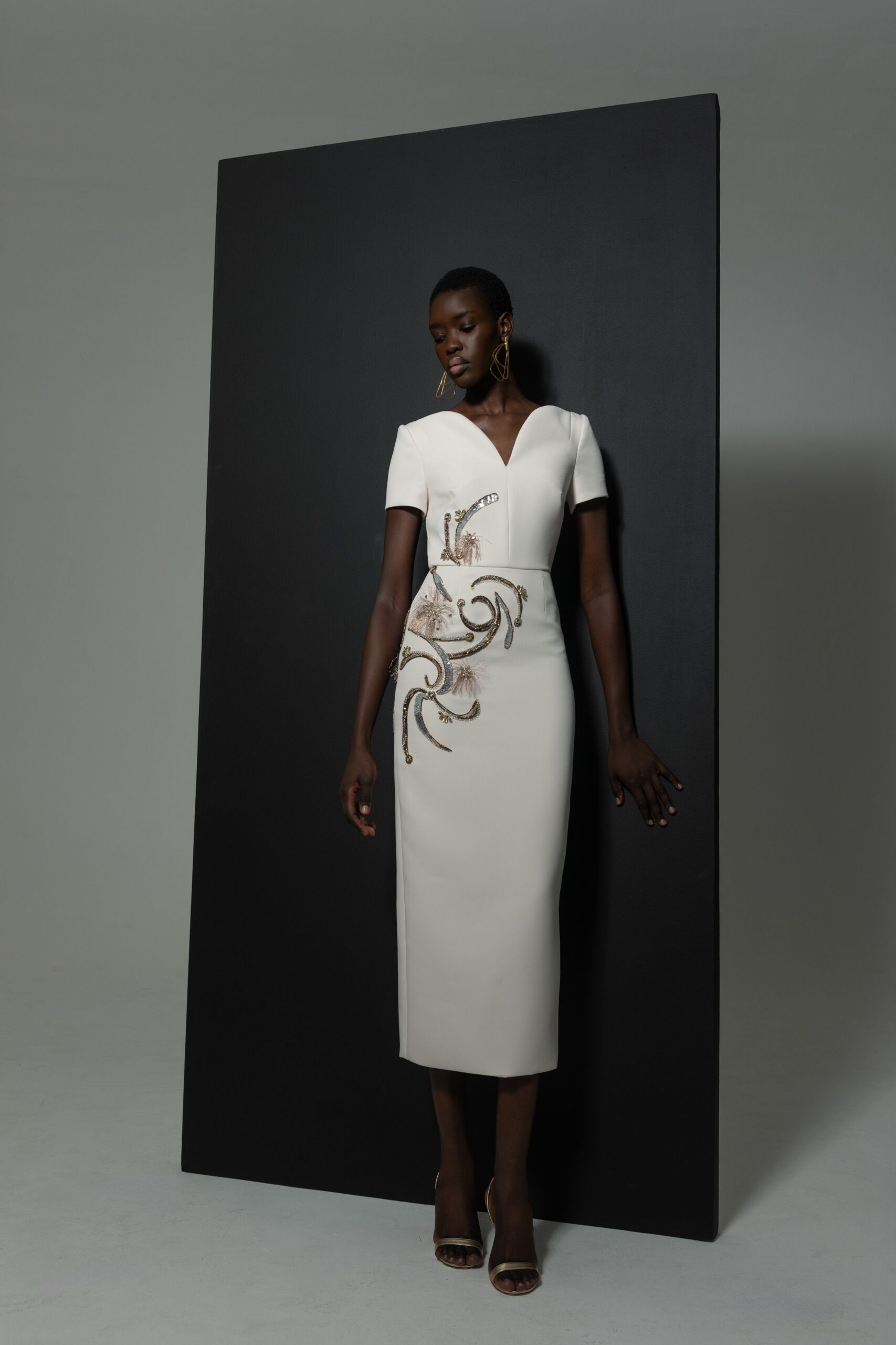 white silk short-sleeve v-neck fitted embroidered midi dress