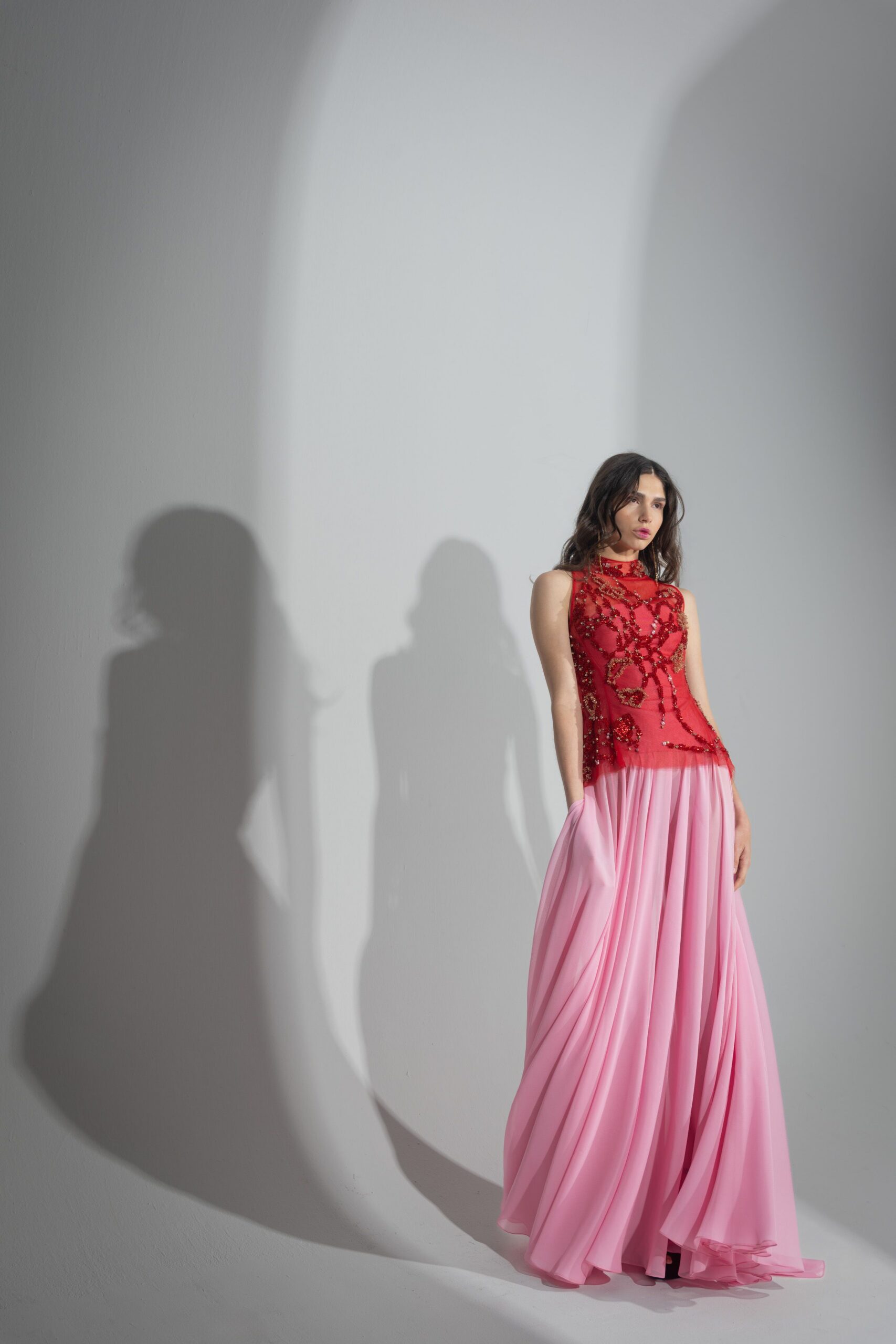 red embellished sleeveless gown
