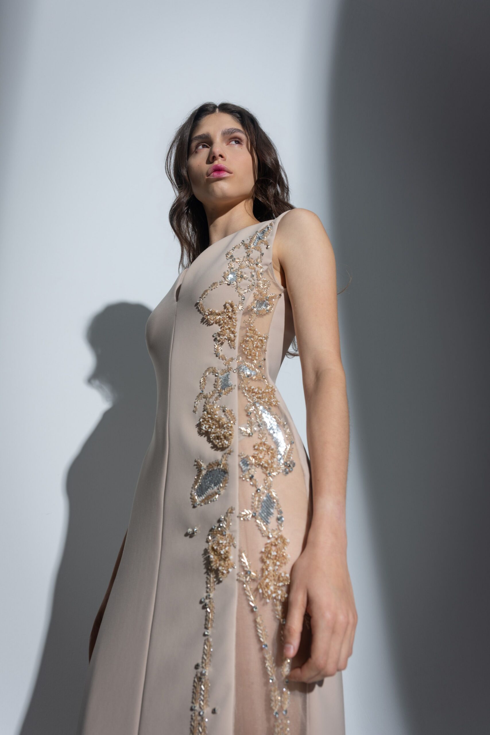 beige fitted sleeveless gown