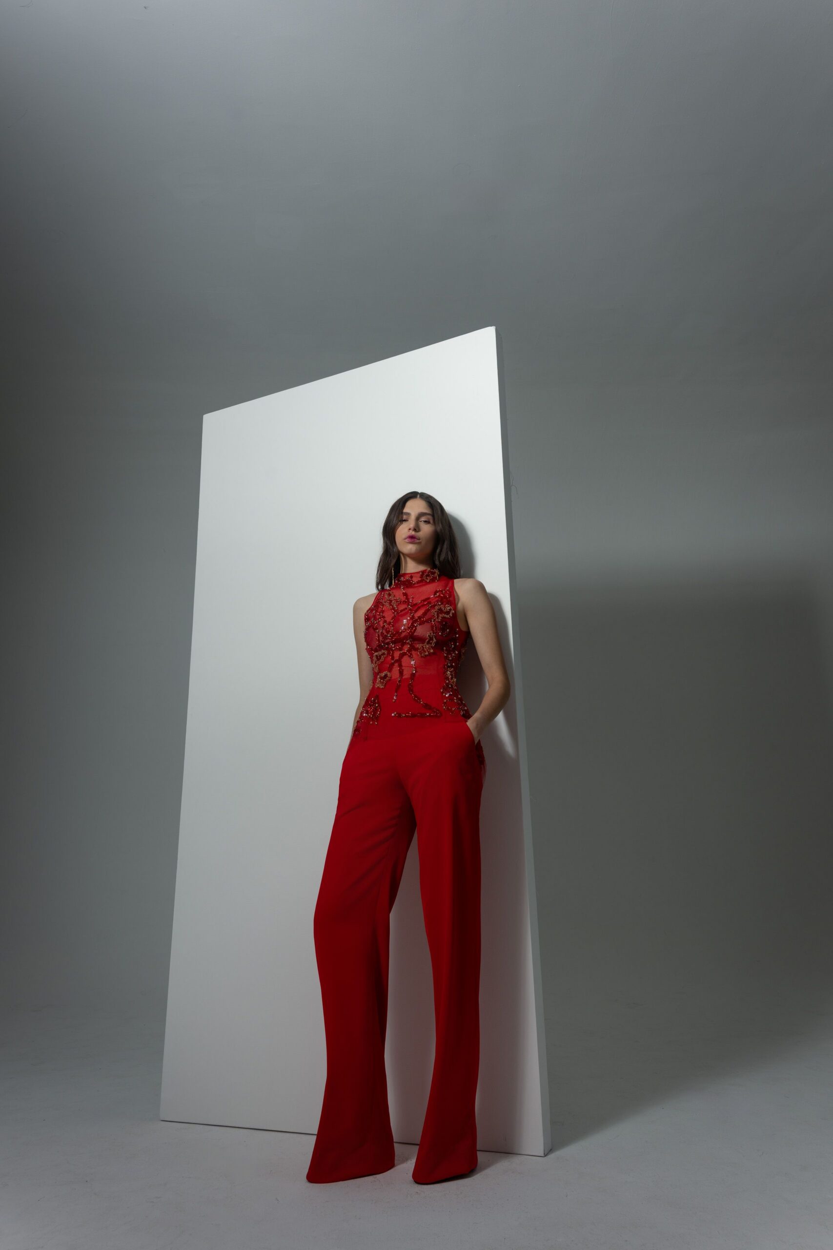 red silk sleeveless v-neck fitted embroidered top