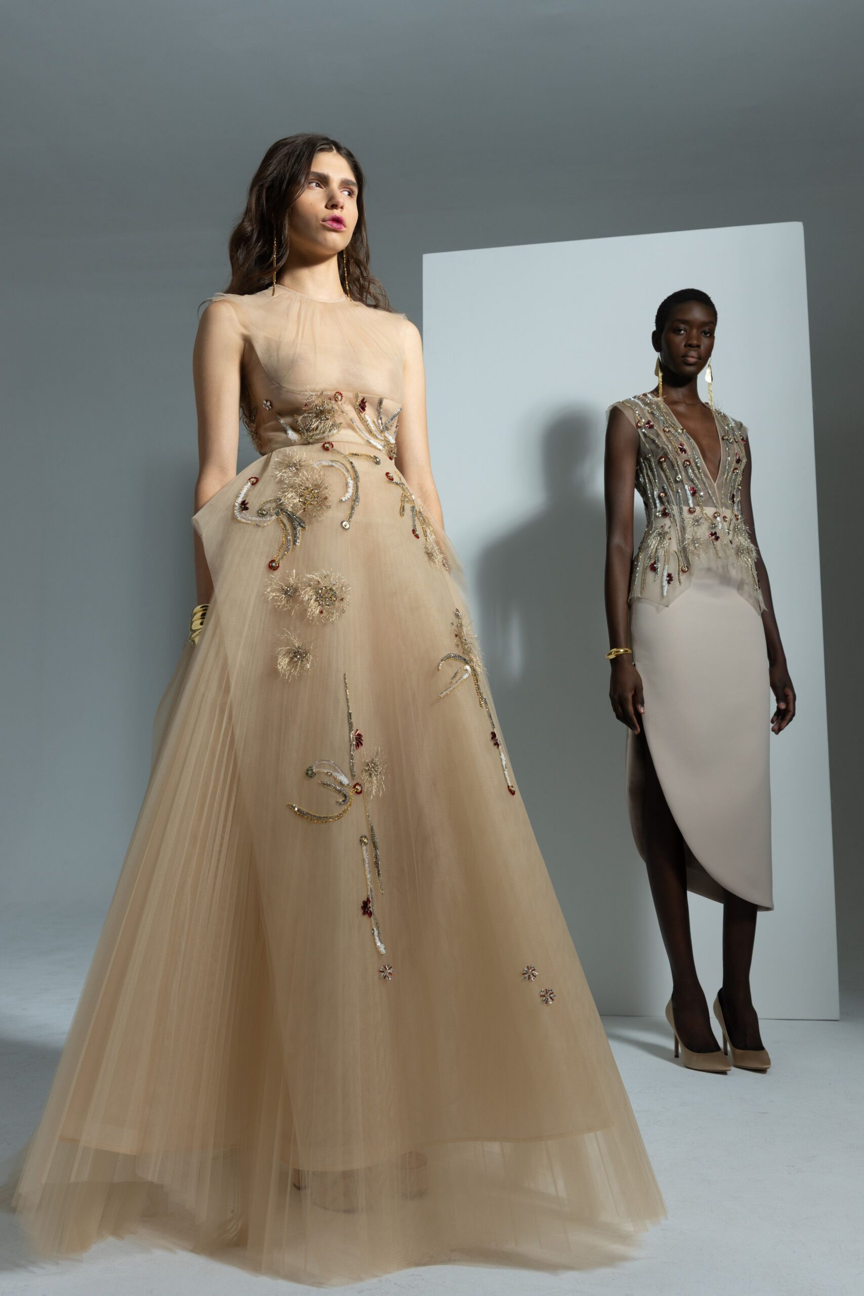 beige silk v-neck slit fitted embroidered midi dress