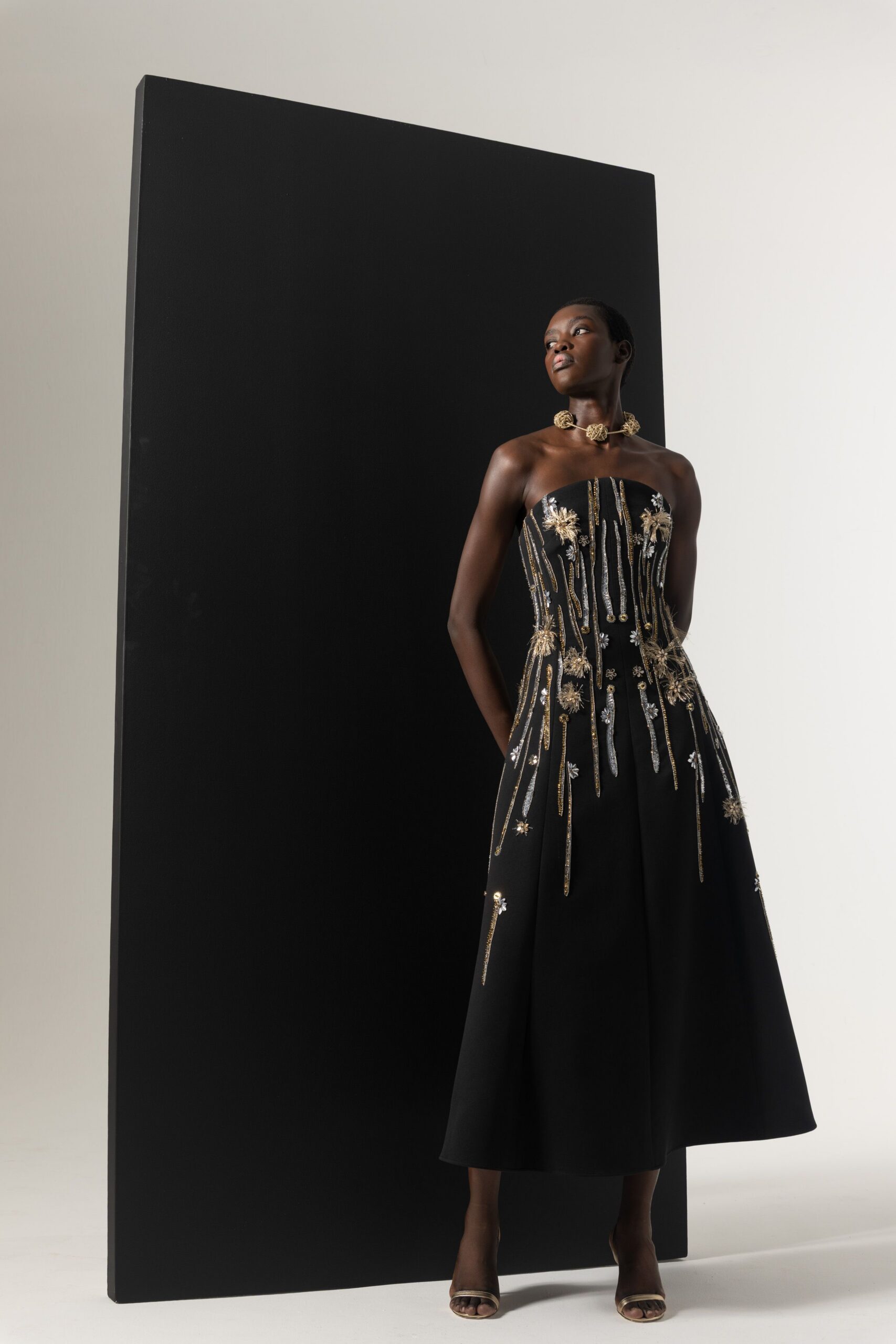 black silk strapless fitted embroidered beaded midi gown