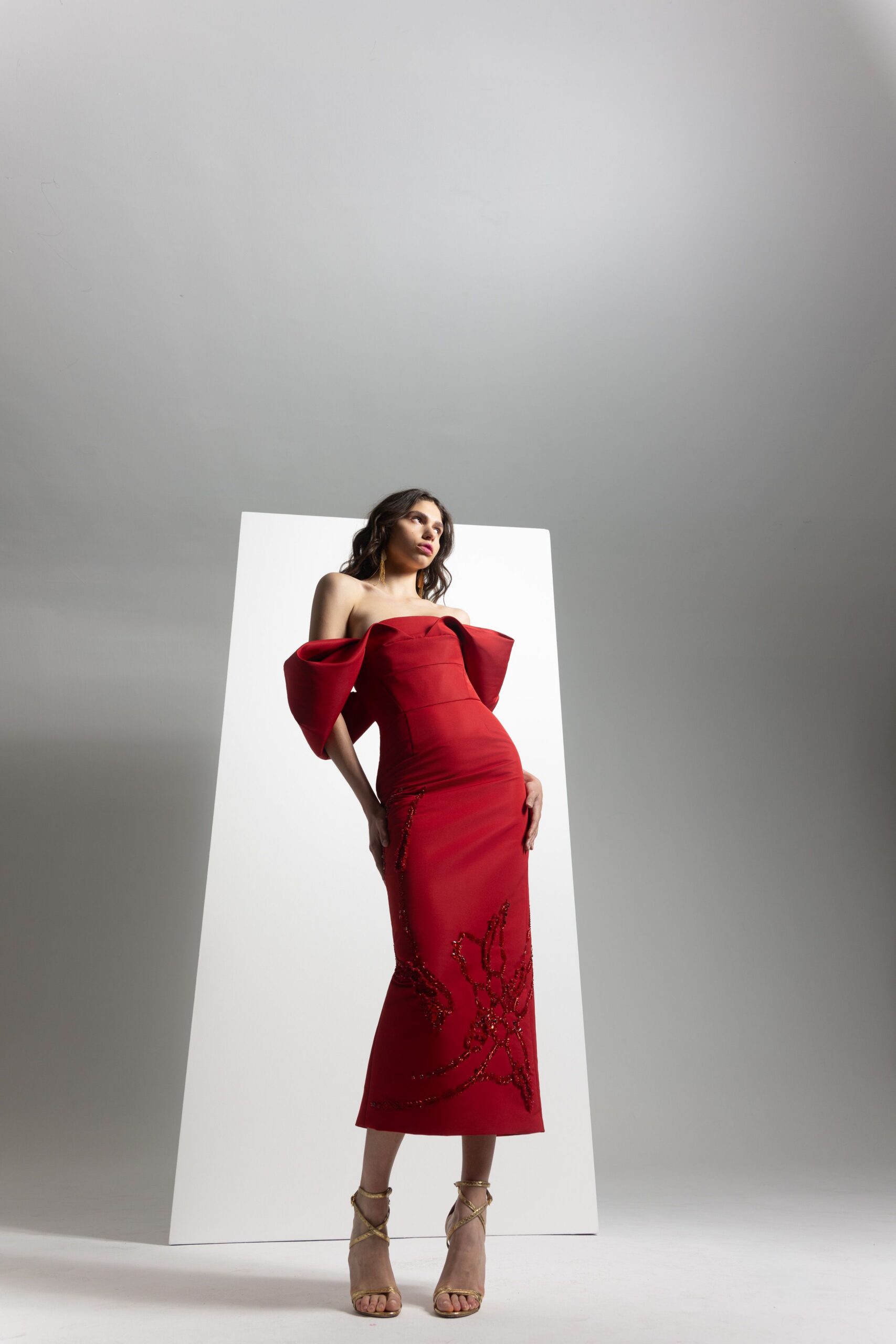 red silk off-shoulder long-sleeve fitted embroidered midi gown