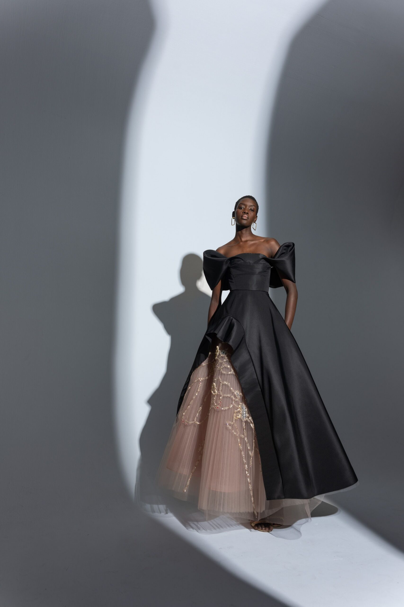 black off-shoulder embellished gown