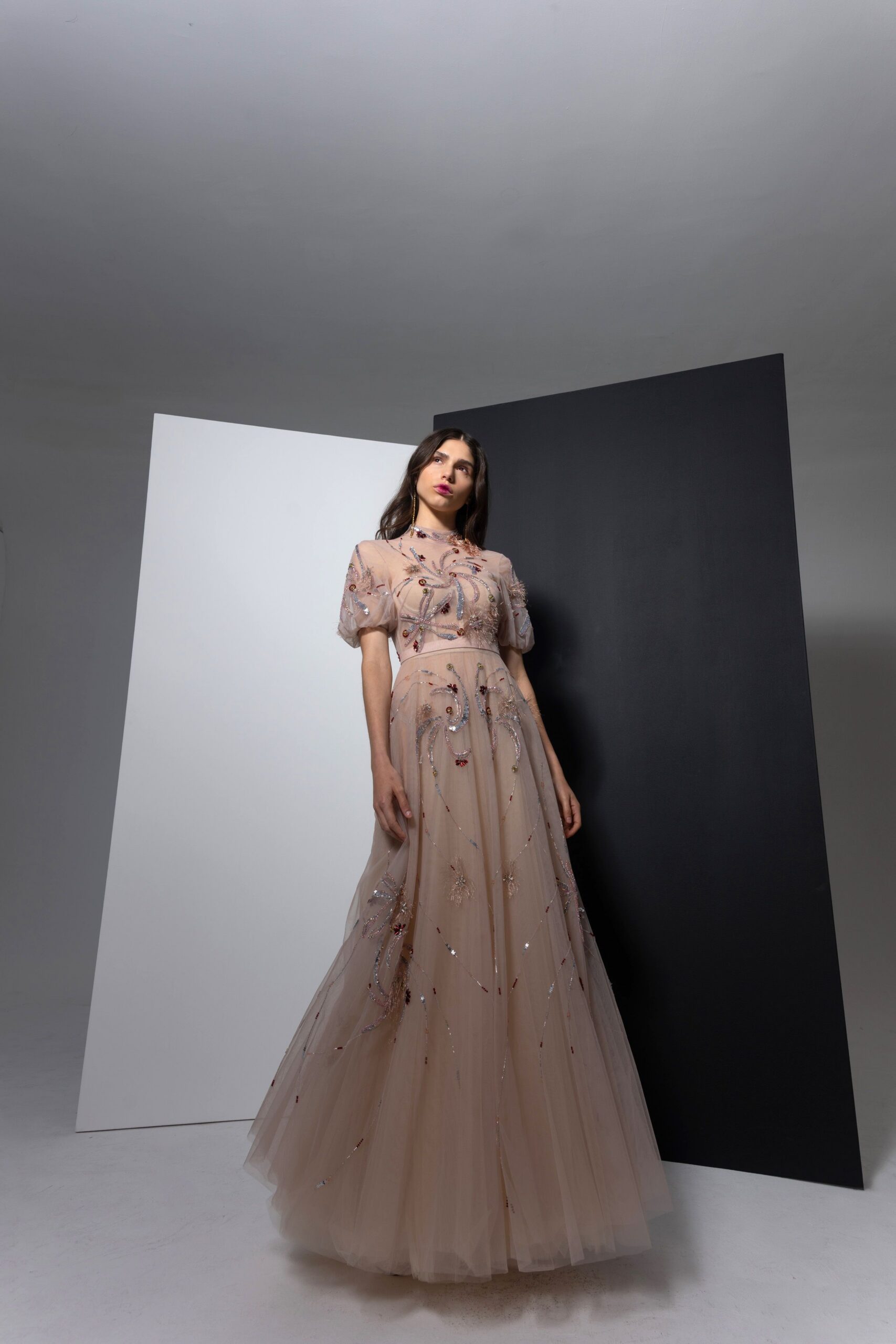 beige embroidered tulle gown
