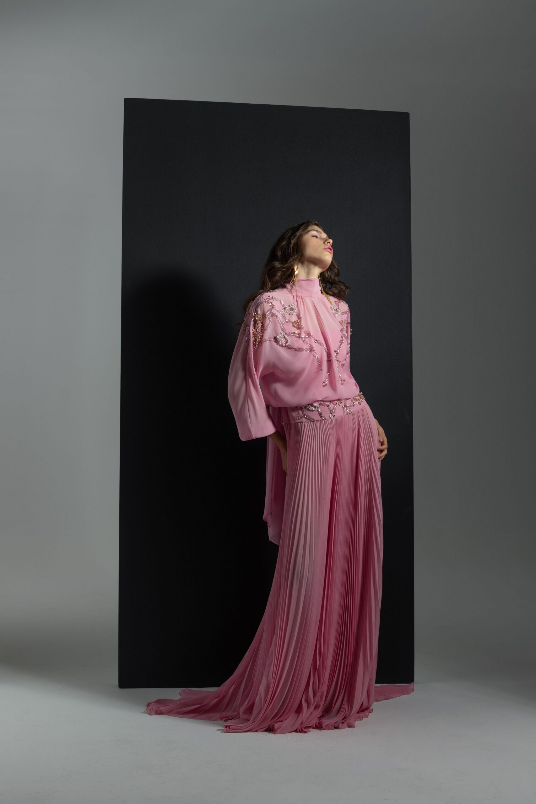 pink silk pleated gown
