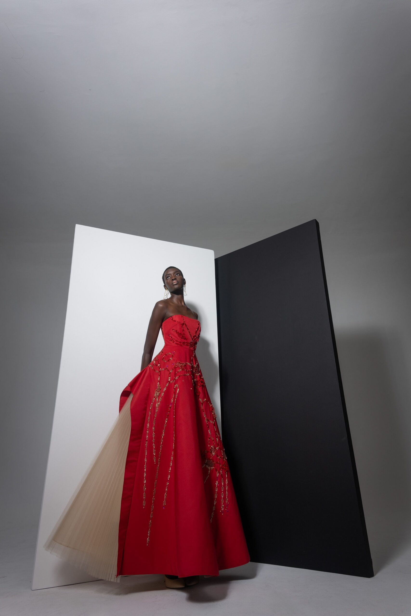 red silk strapless gown