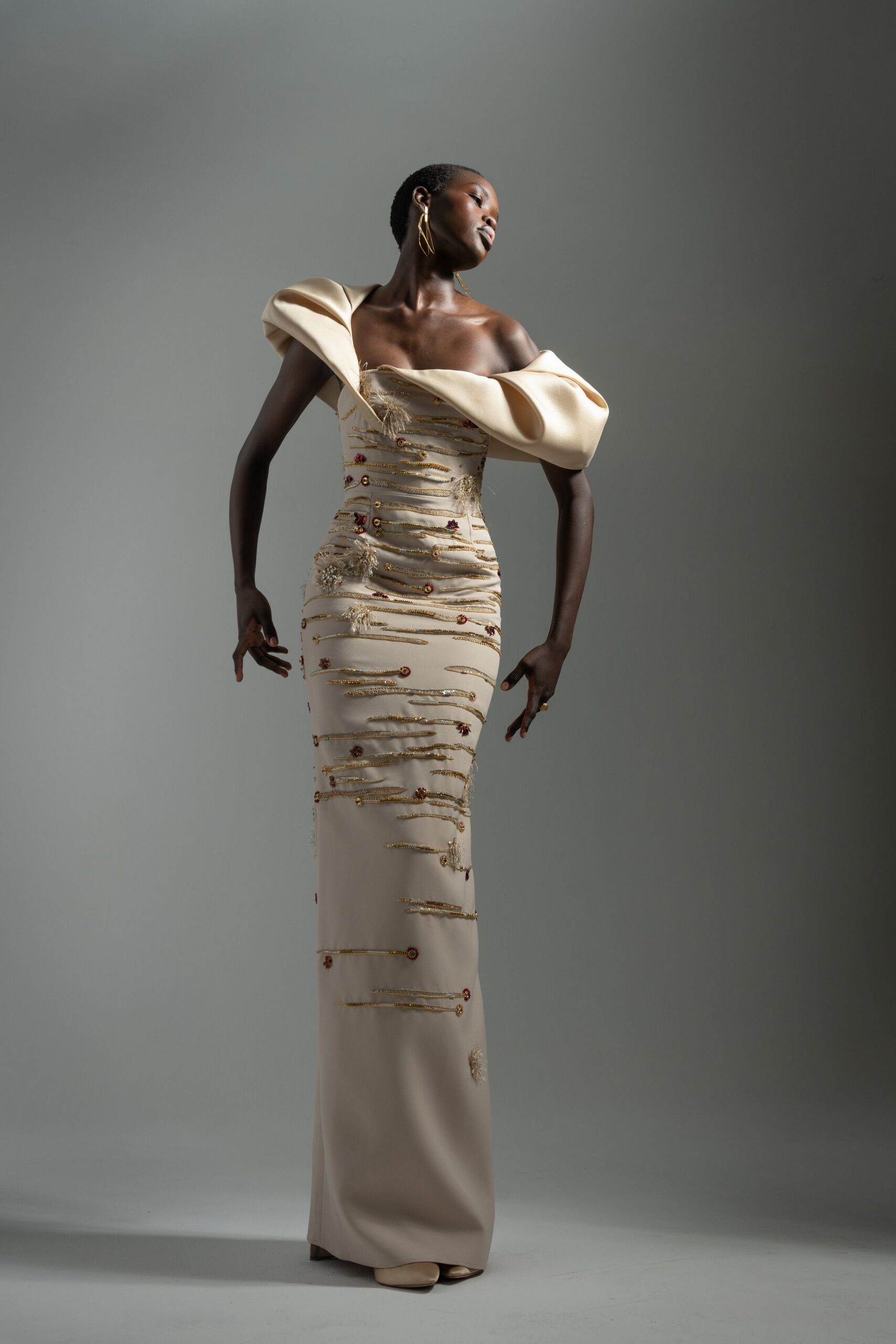 beige silk off-shoulder gown