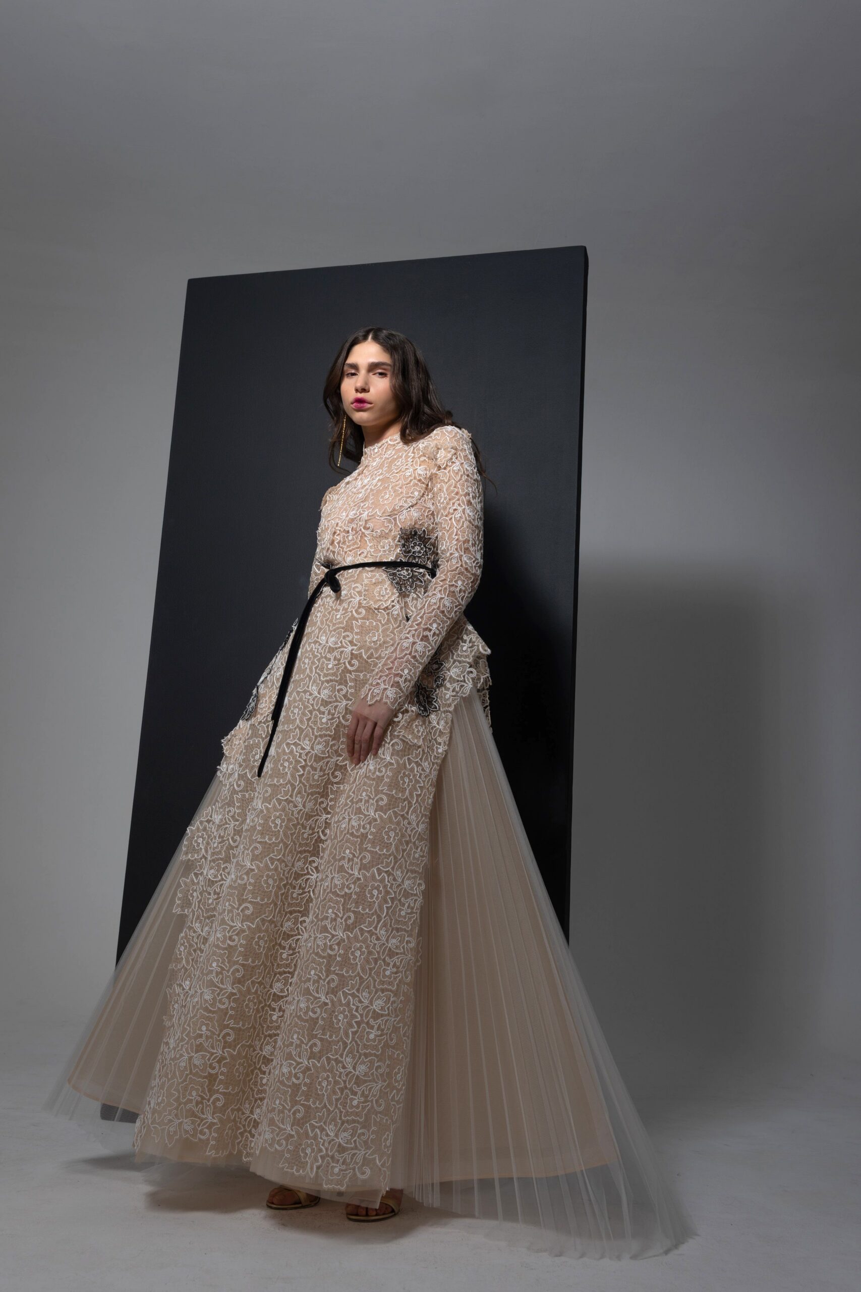 beige lace long-sleeve v-neck fitted pleated embroidered gown