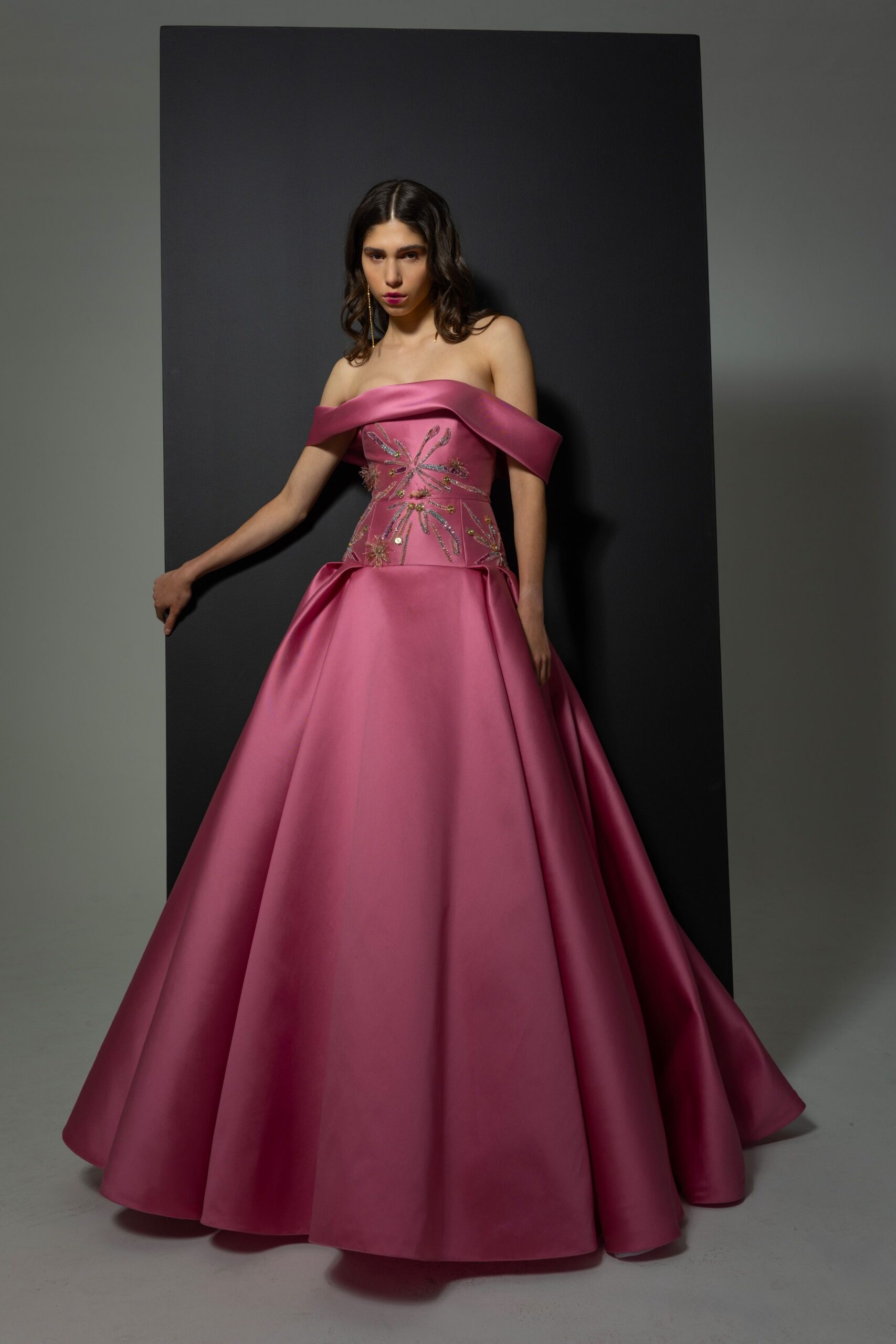 pink satin off-shoulder gown