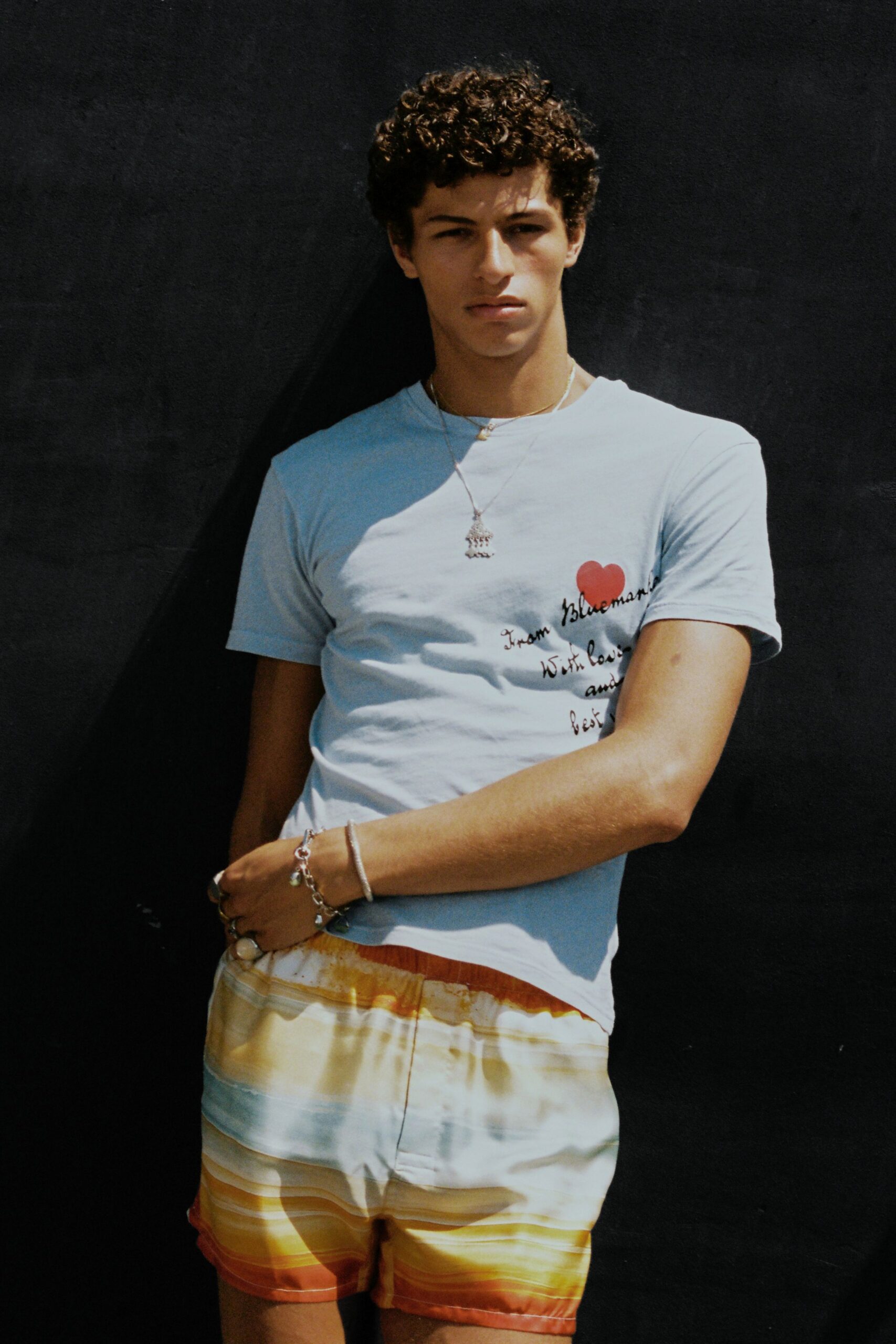 blue cotton short-sleeve collared fitted printed t-shirt