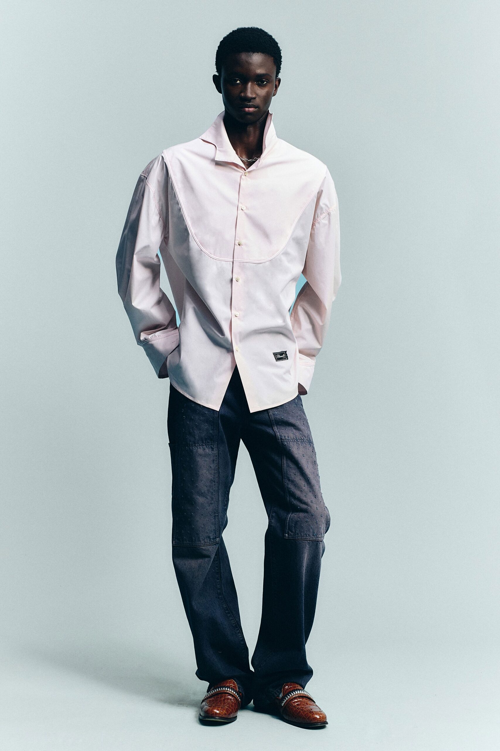 pink cotton long-sleeve collared relaxed buttoned shirt