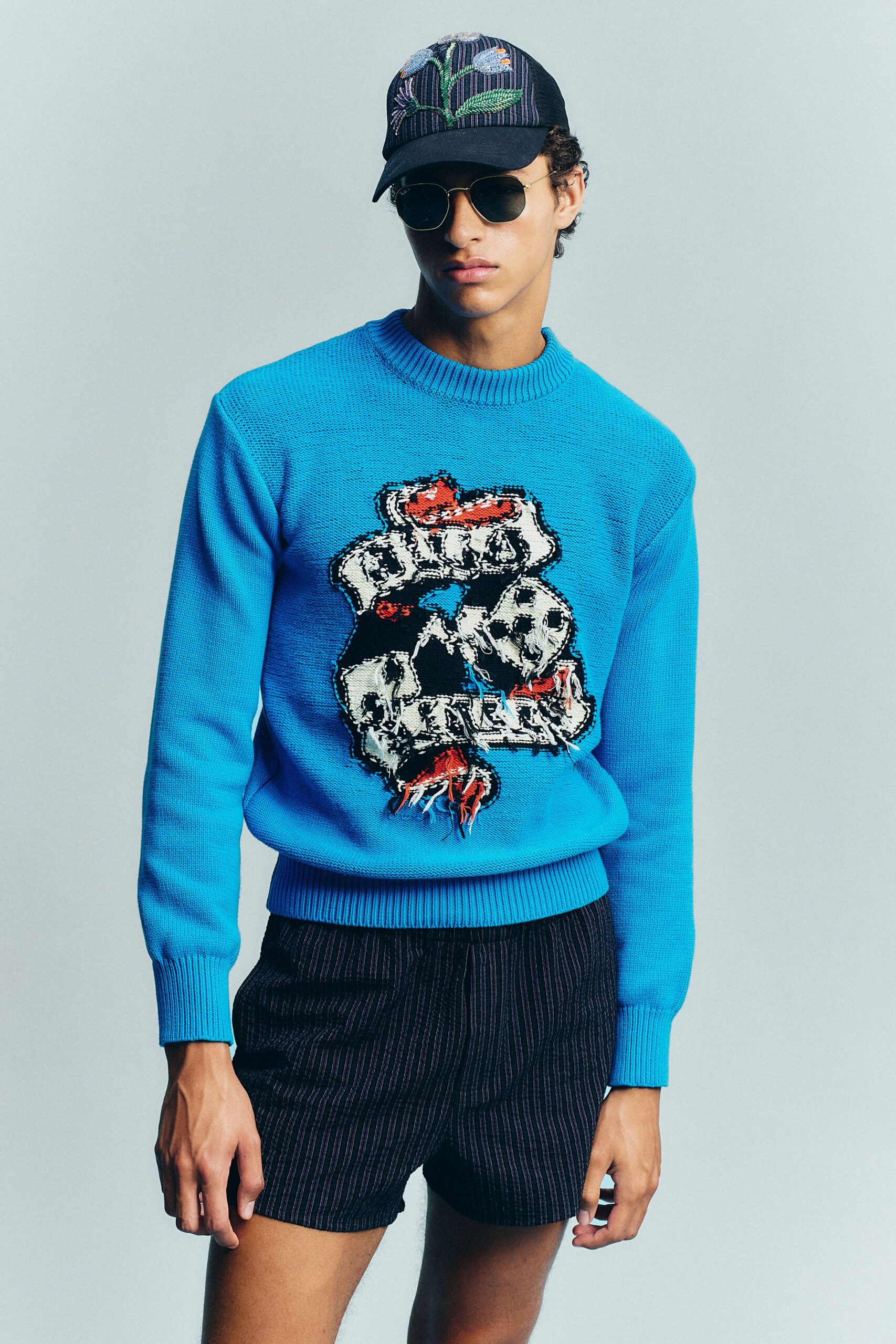 blue cotton long-sleeve collared fitted embroidered sweater