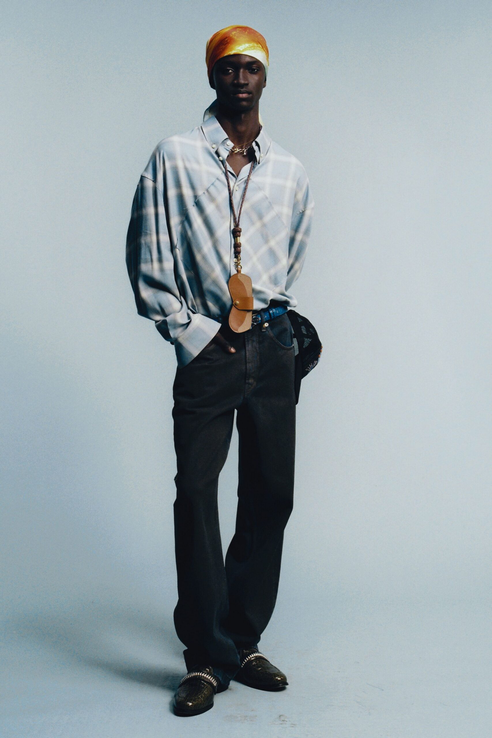 relaxed blue checked shirt with black pants