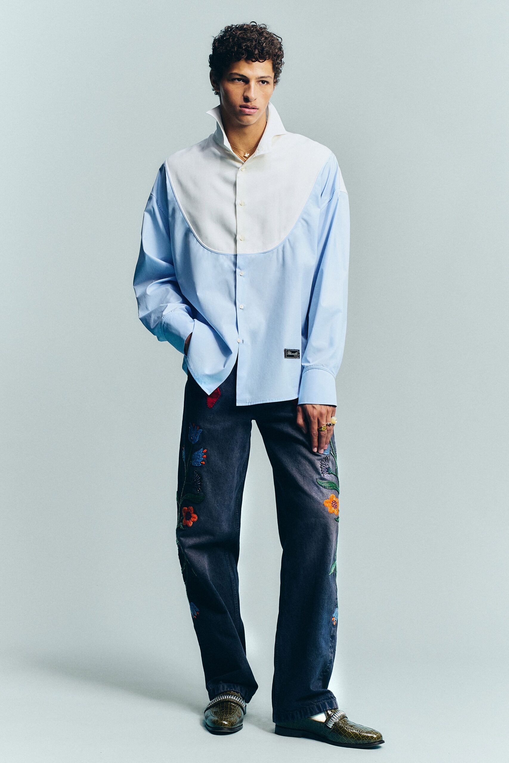 blue cotton long-sleeve collared relaxed embroidered shirt